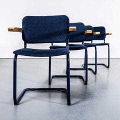 1970's Cantilever Blue Frame Dining Chairs With Navy Upholstery - Set Of Four