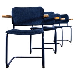 1970's Cantilever Blue Frame Dining Chairs With Navy Upholstery - Set Of Four