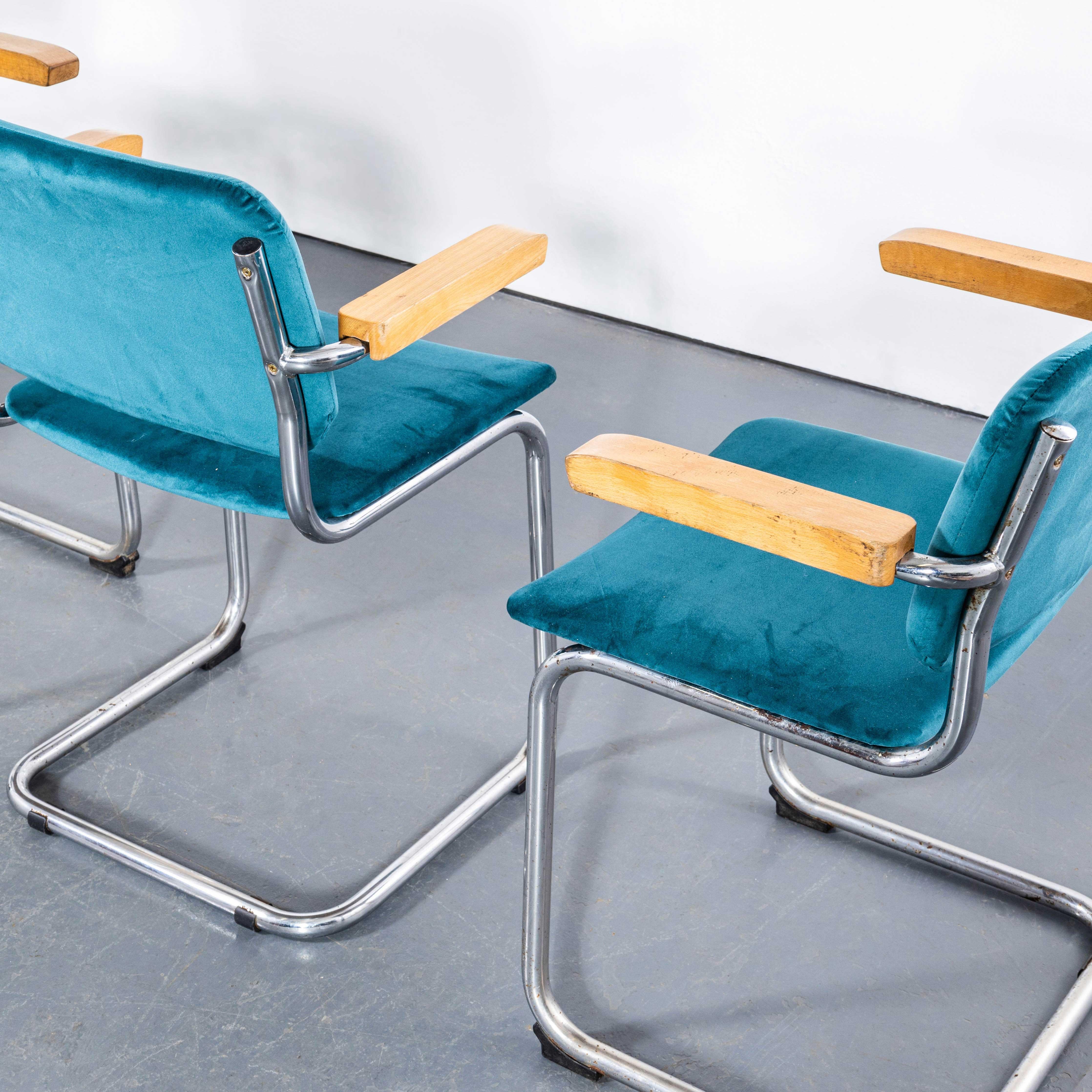French 1970's Cantilever Chrome Frame Chairs With Turquoise Upholstery - Set Of Four For Sale