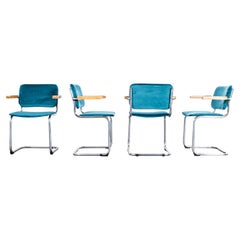 1970's Cantilever Chrome Frame Chairs With Turquoise Upholstery - Set Of Four