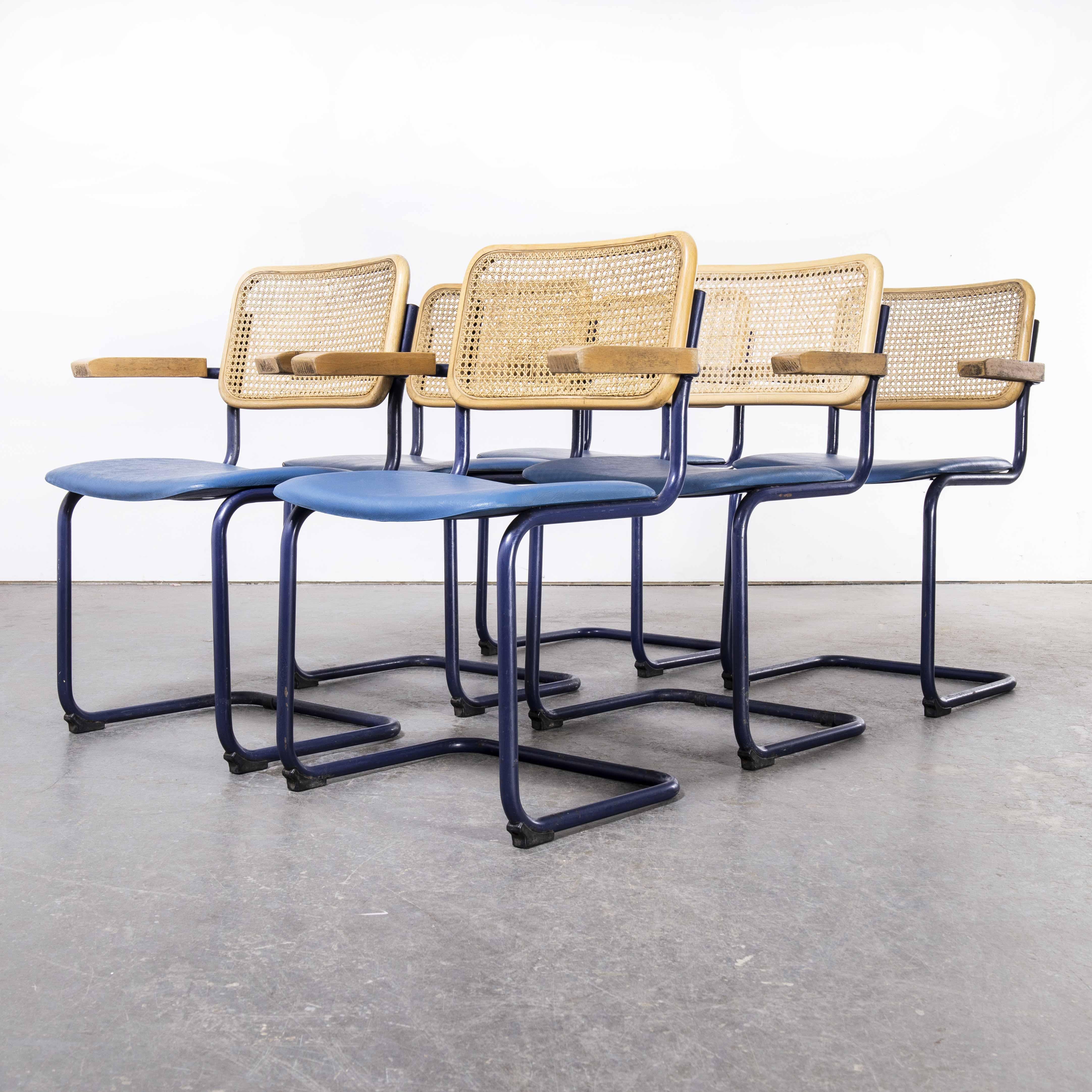1970’s Cantilever frame cane backed dining chair – set of six
1970’s Cantilever frame cane backed dining chair – set of six. Classic Bauhaus style cantilever frame dining chair unusually produced with powder blue frames and beech capped arms.