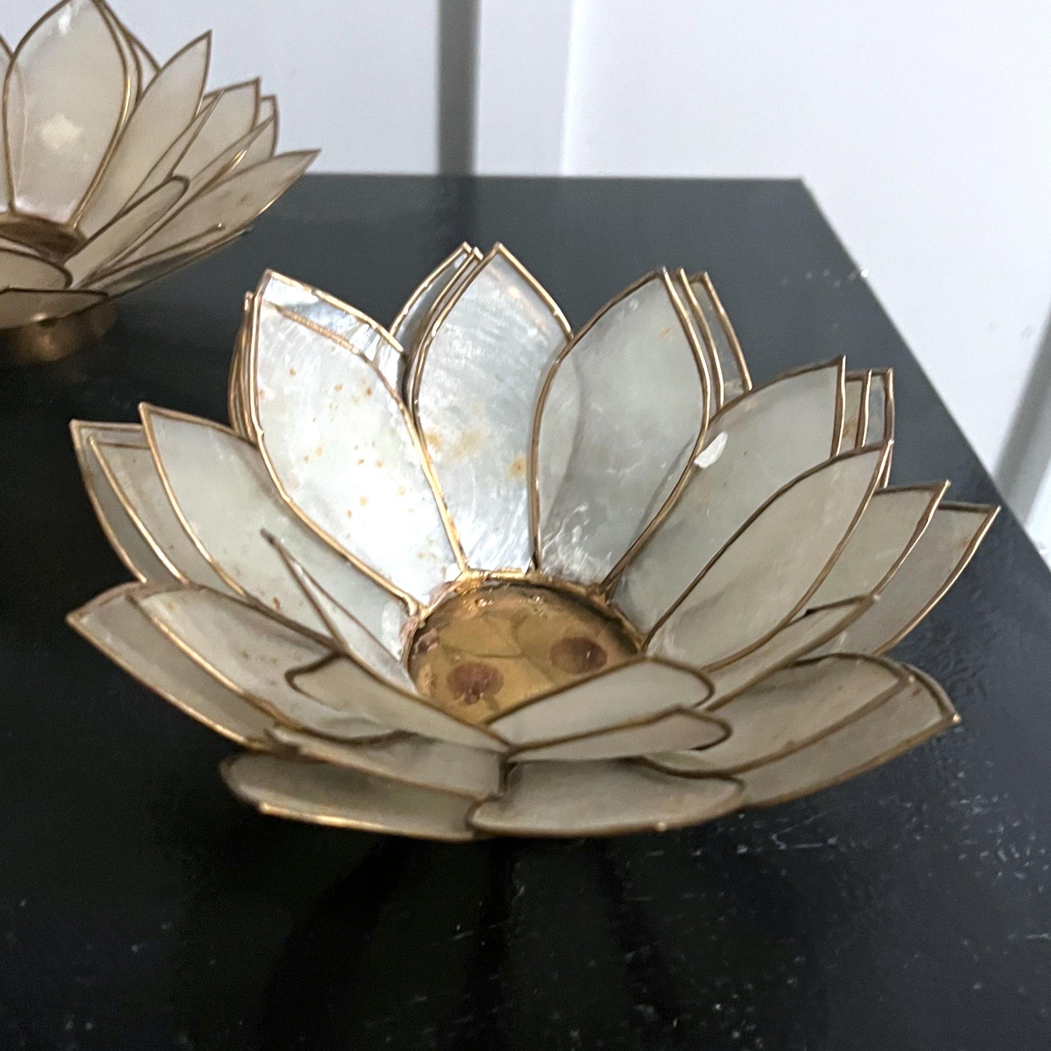 Bohemian 1970’s Capiz Shell Lotus Form Candle Holders, a Set of 5