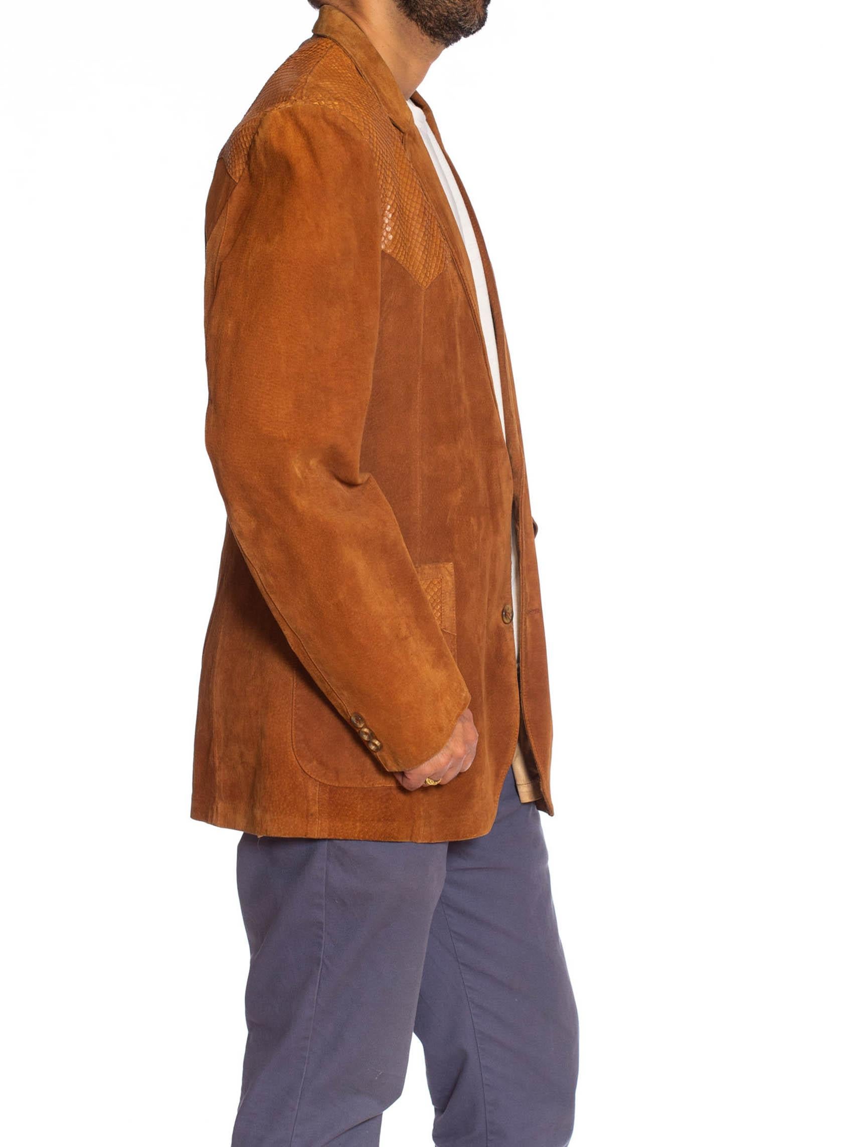 1970S Caramel Brown Suede Western Styled Men's Leather Blazer With Snakeskin Details