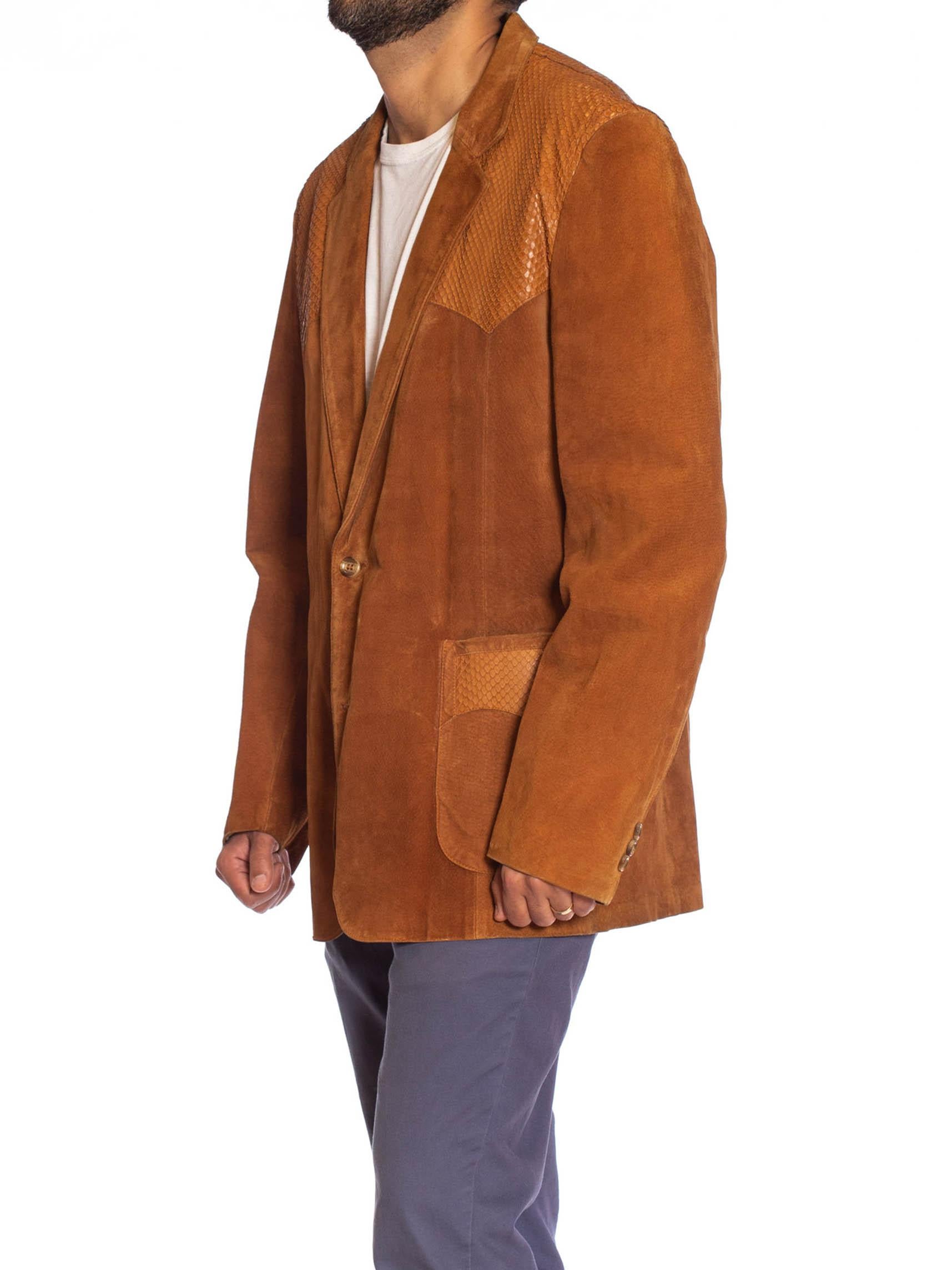 1970S Caramel Brown Suede Western Styled Men's Leather Blazer With Snakeskin Det 1