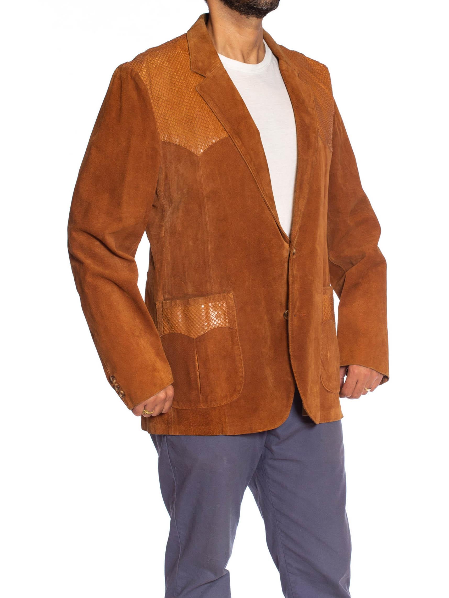 1970S Caramel Brown Suede Western Styled Men's Leather Blazer With Snakeskin Det 2
