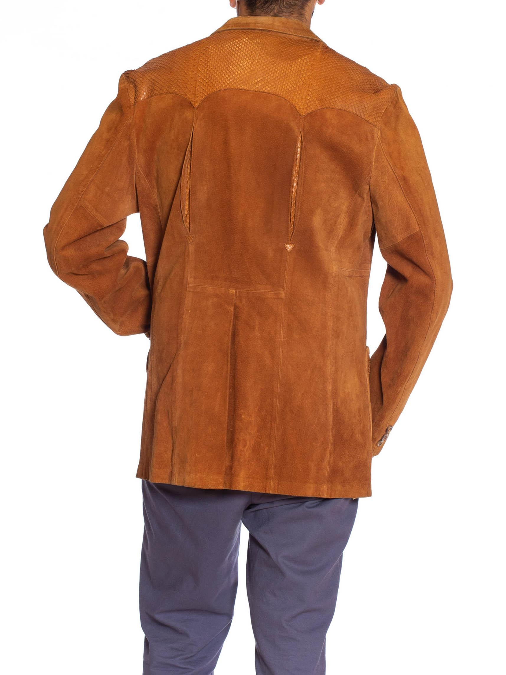 1970S Caramel Brown Suede Western Styled Men's Leather Blazer With Snakeskin Det 3