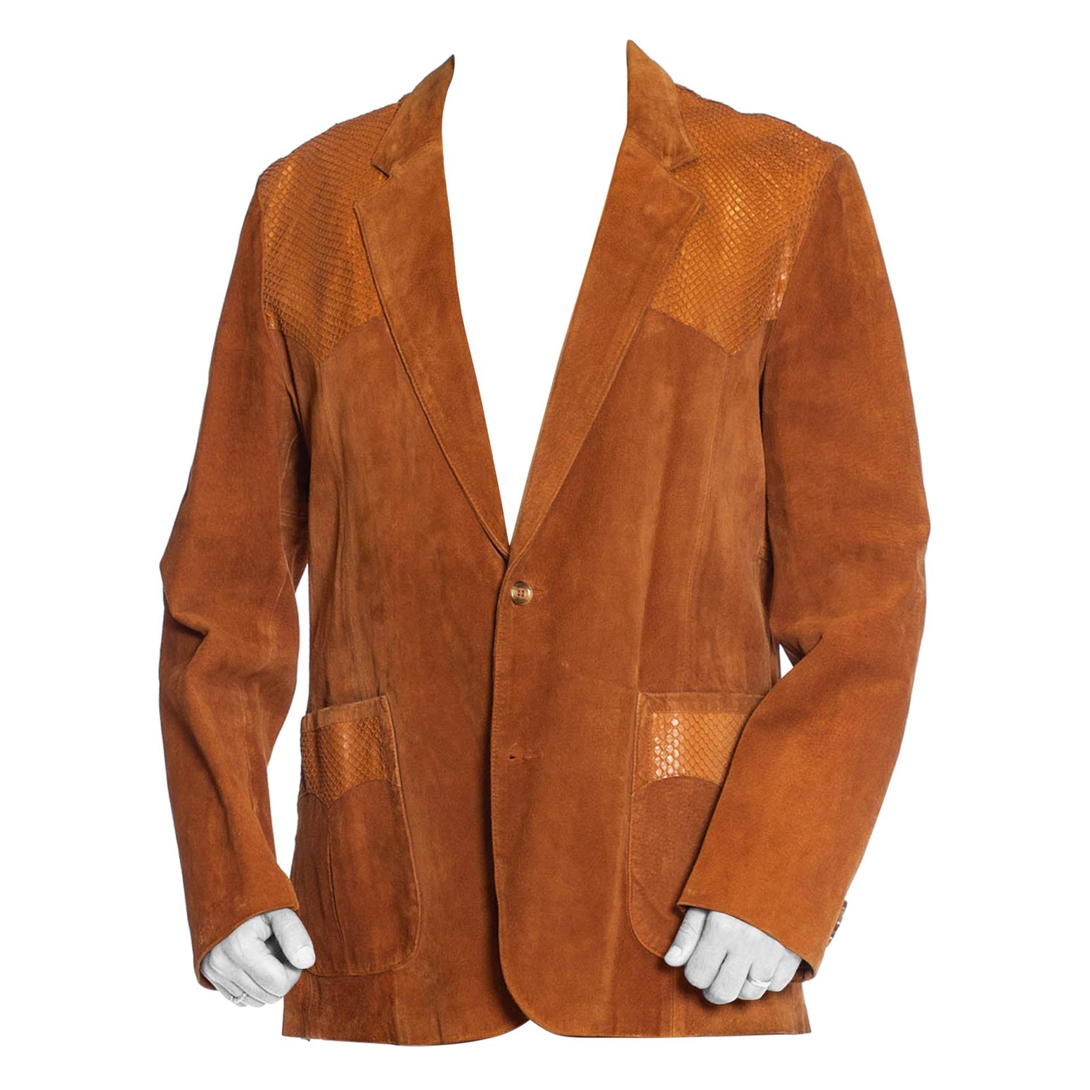 1970S Caramel Brown Suede Western Styled Men's Leather Blazer With Snakeskin Det