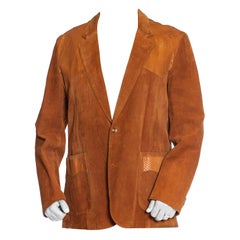 Vintage 1970S Caramel Brown Suede Western Styled Men's Leather Blazer With Snakeskin Det