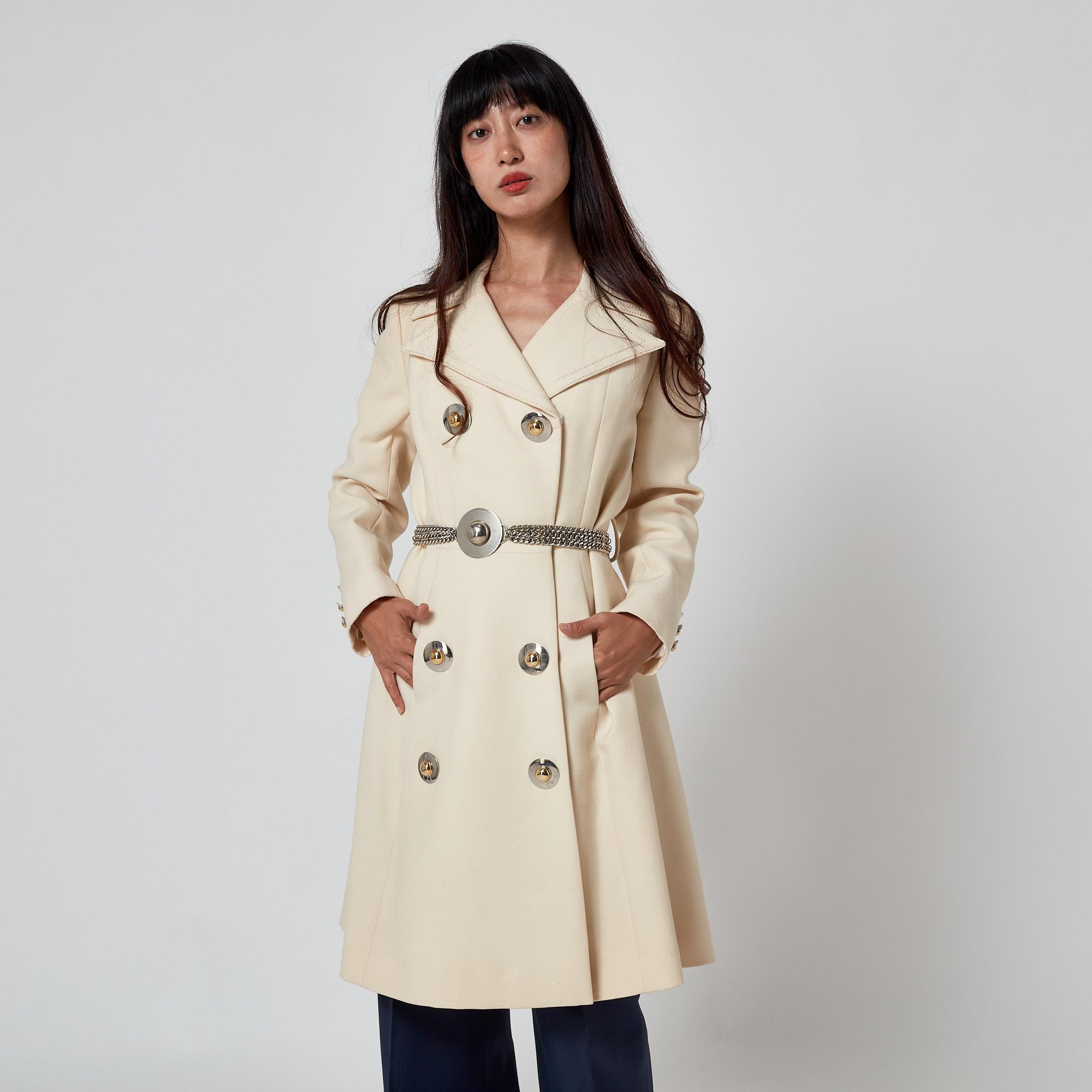 1970s Cardin-esque Couture Cream Wool Double-Breasted Coat For Sale 1