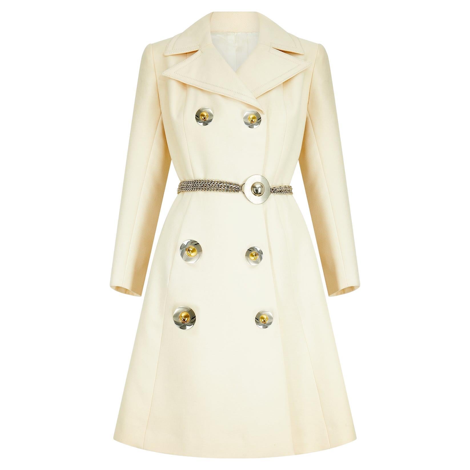 1970s Cardin-esque Couture Cream Wool Double-Breasted Coat For Sale