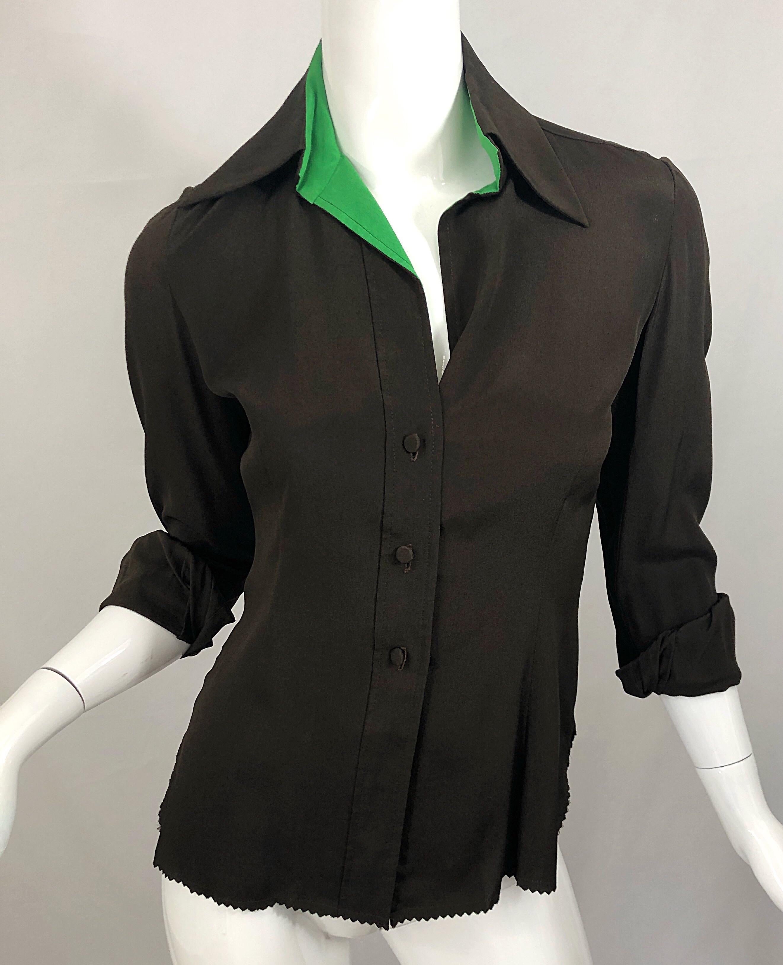 Black 1970s Cardinali Chocolate Brown + Kelly Green Size 6 Vintage 70s Silk Blouse Top For Sale