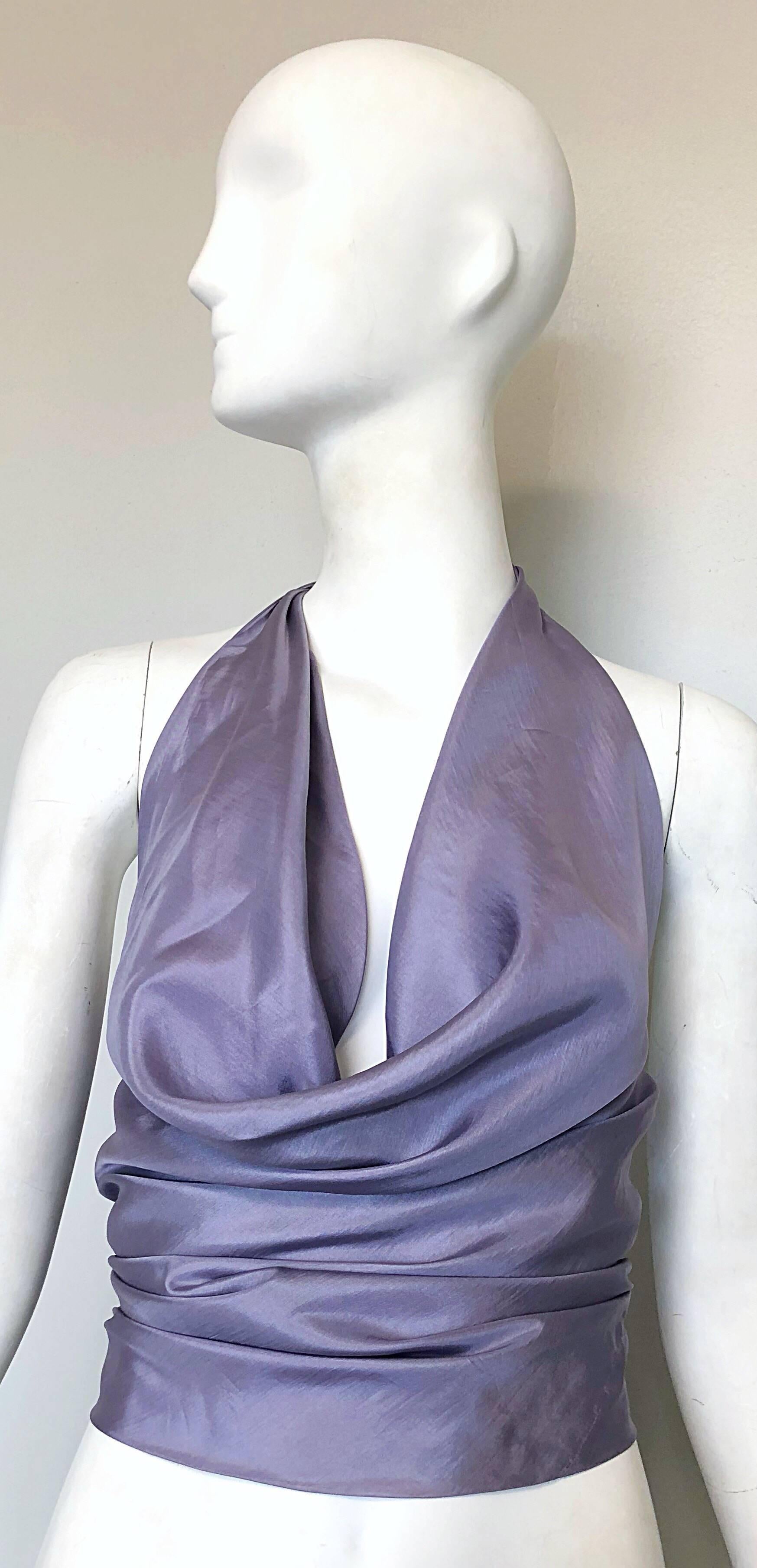 Sexy 1970s CARDINALI periwinkle purple original sample silk plunging halter top! This beauty comes from the designer's (Marilyn Lewis) personal estate. Simply slips over the head and ties in the back. Wonderful drapes are very flattering. Couture