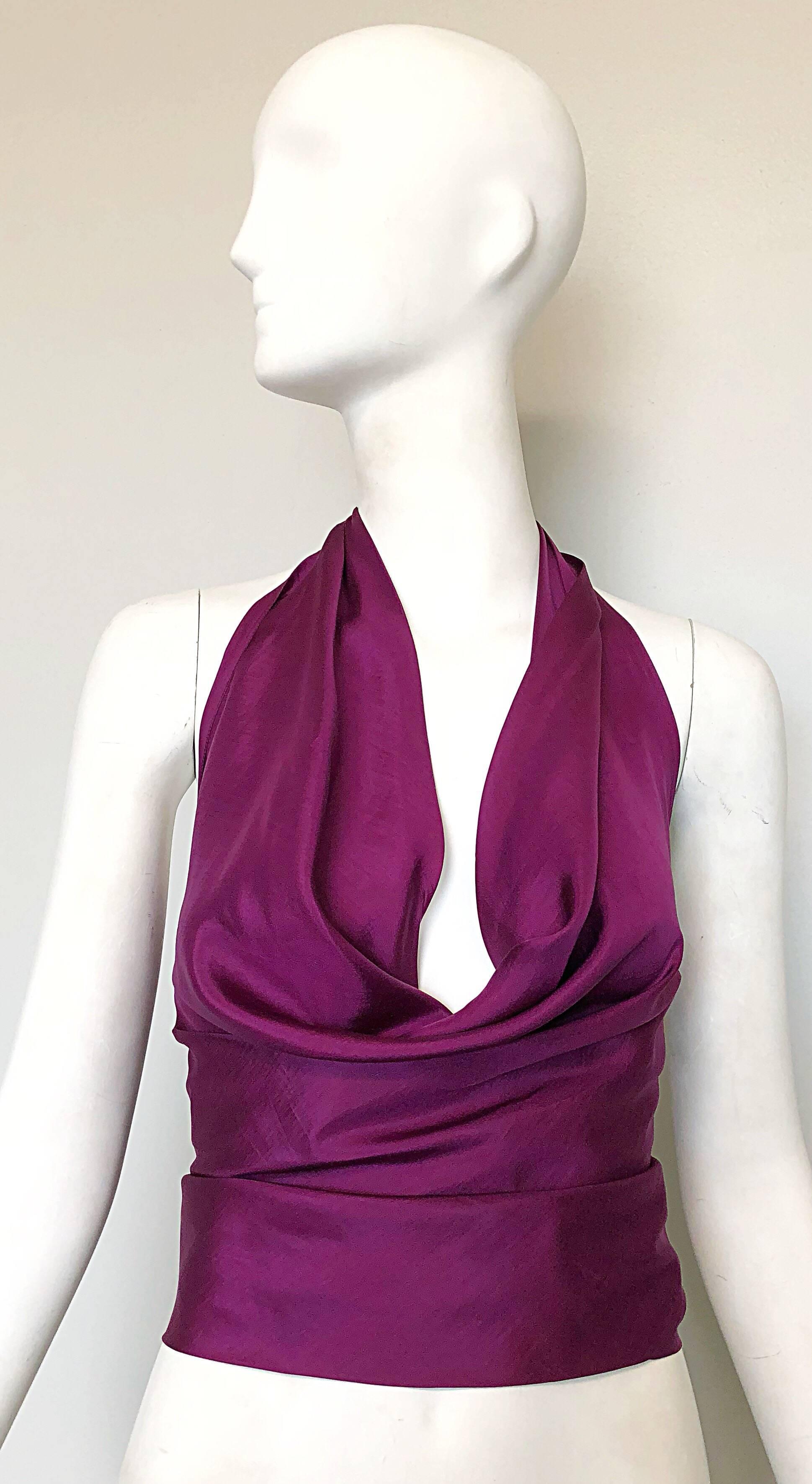 Sexy 1970s CARDINALI original sample purple grape silk halter top! This gem comes directly from Marilyn Lewis' (the designer and creator of Cardinali) estate. Slips over the head and ties in the back. Soft luxurious silk in a vibrant purple grape