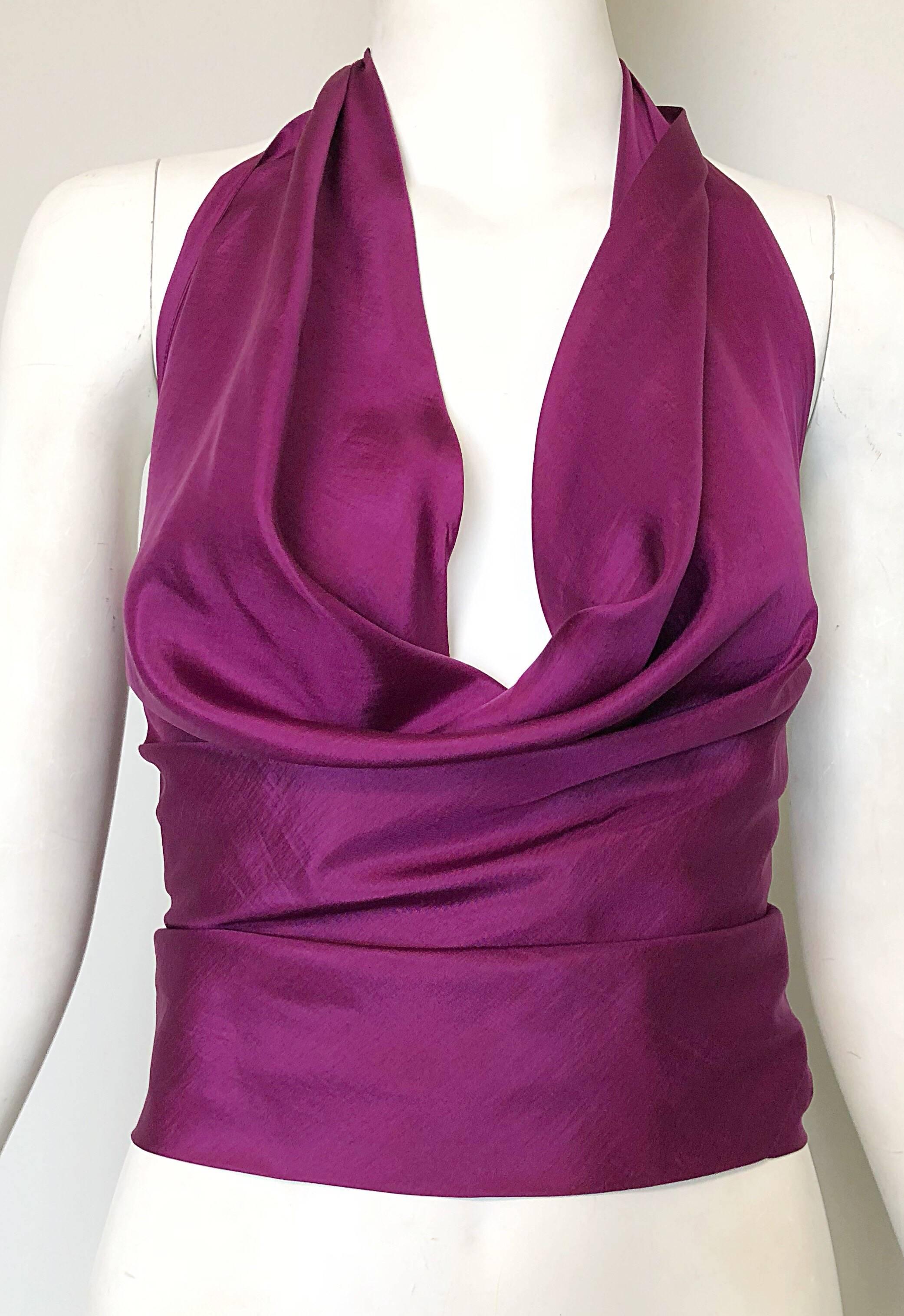 1970s Cardinali Original Sample Purple Grape Silk Plunging 70s Halter Top In Excellent Condition In San Diego, CA