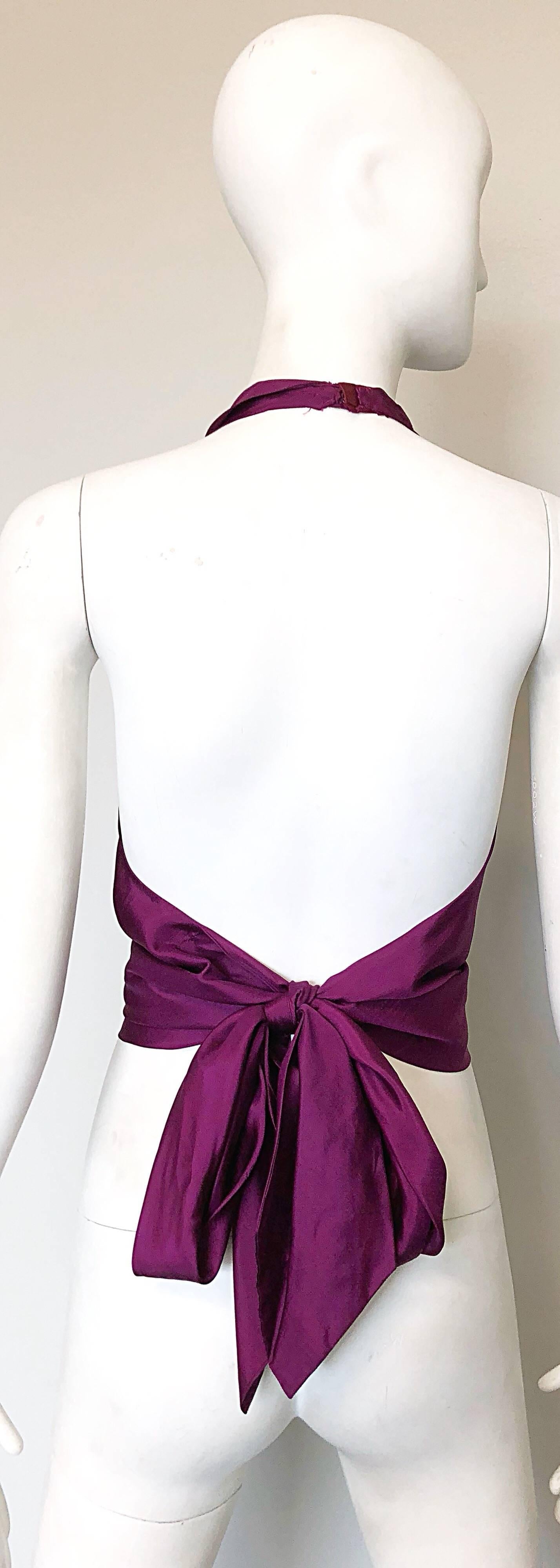Women's 1970s Cardinali Original Sample Purple Grape Silk Plunging 70s Halter Top