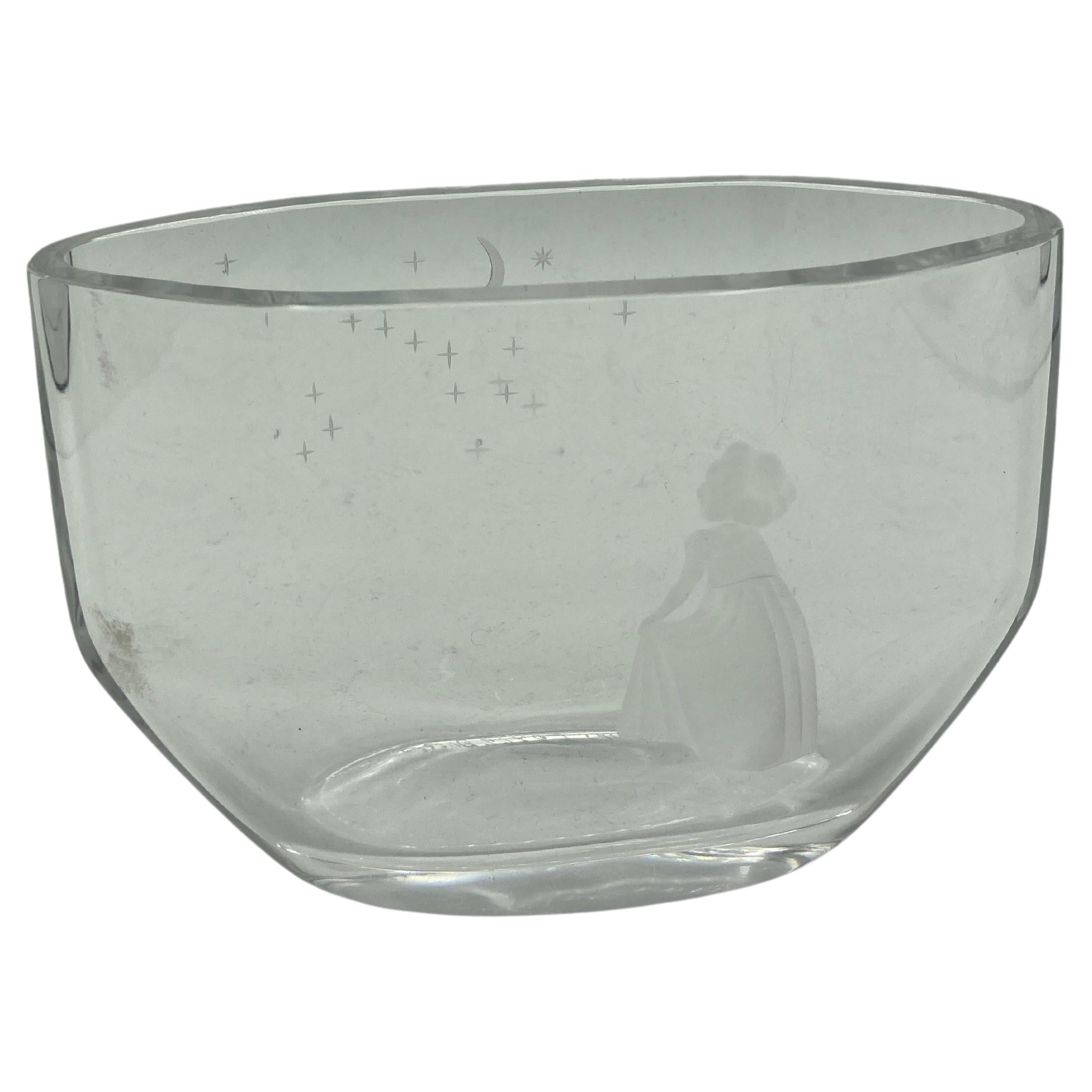1970's careved glass showing a young woman watching stars signed Orrefors  For Sale