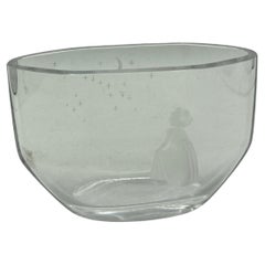 1970's careved glass showing a young woman watching stars signed Orrefors 