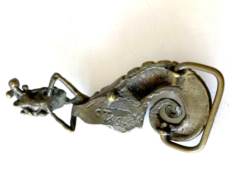 Artisan 1970s Carl Tasha Bronze Hand Made Siren Mermaid in Conch Belt Buckle For Sale