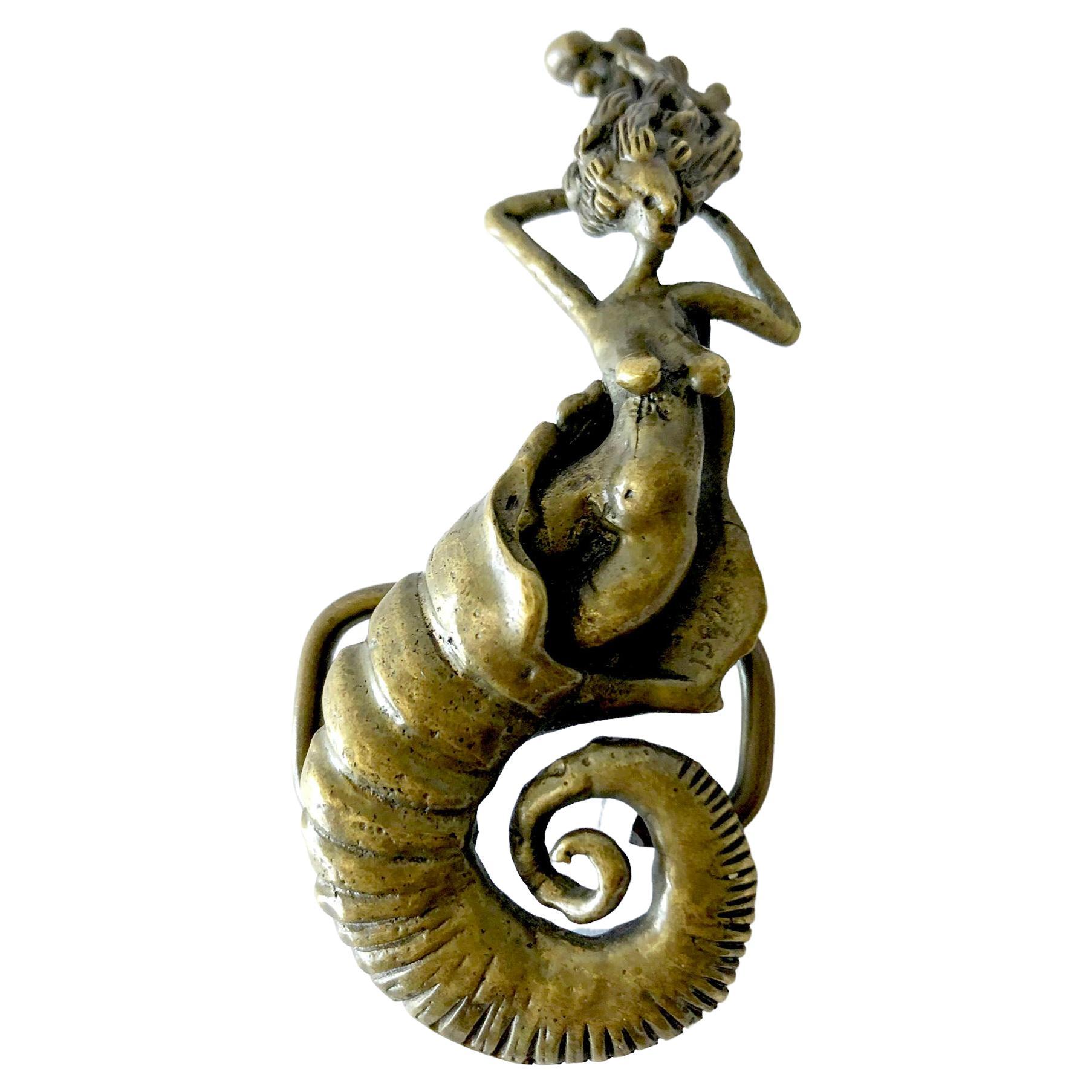 1970s Carl Tasha Bronze Hand Made Siren Mermaid in Conch Belt Buckle