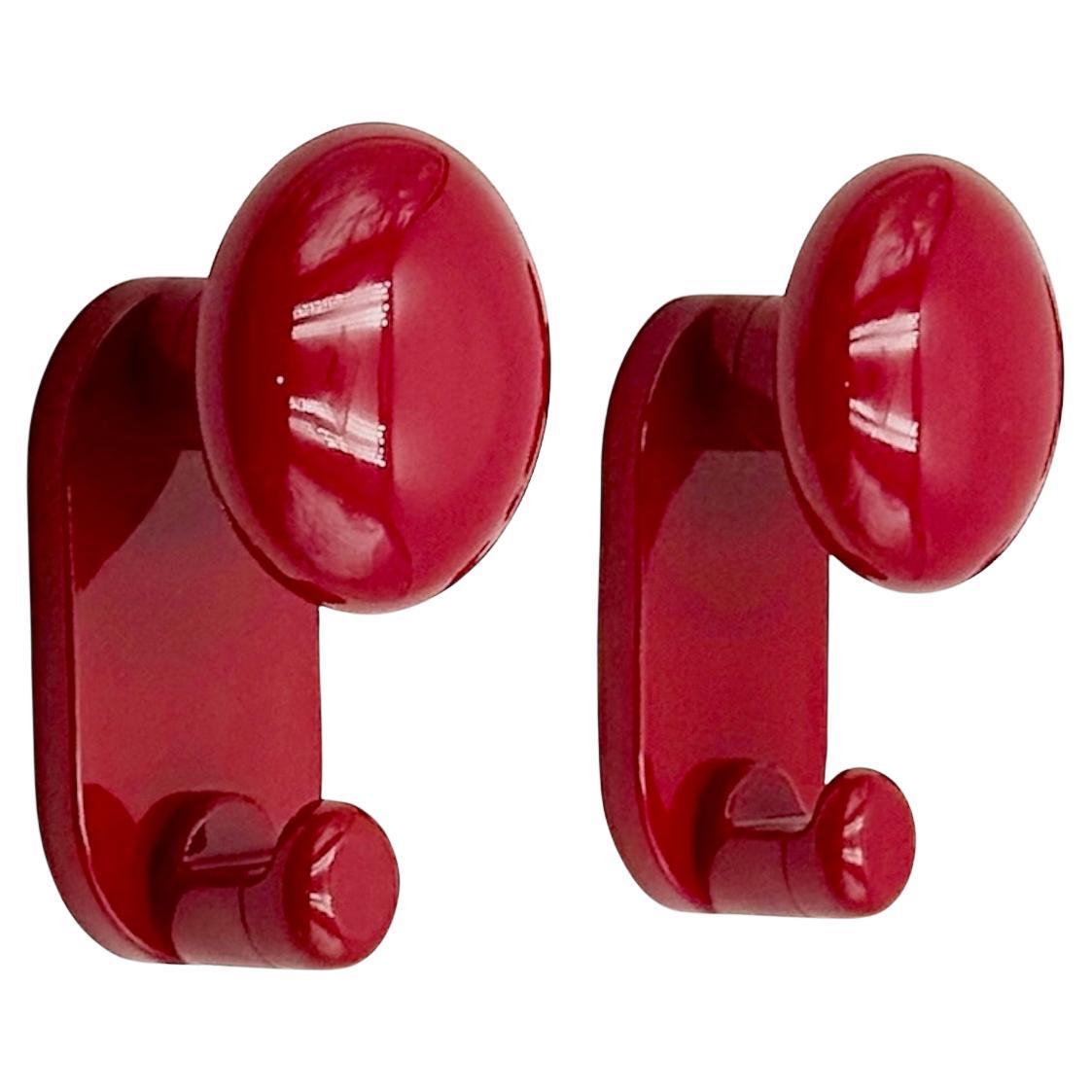 1970s Carlo Bartoli Modernist Wall Hooks in Glossy Red Plastic, Con&Con Ita For Sale