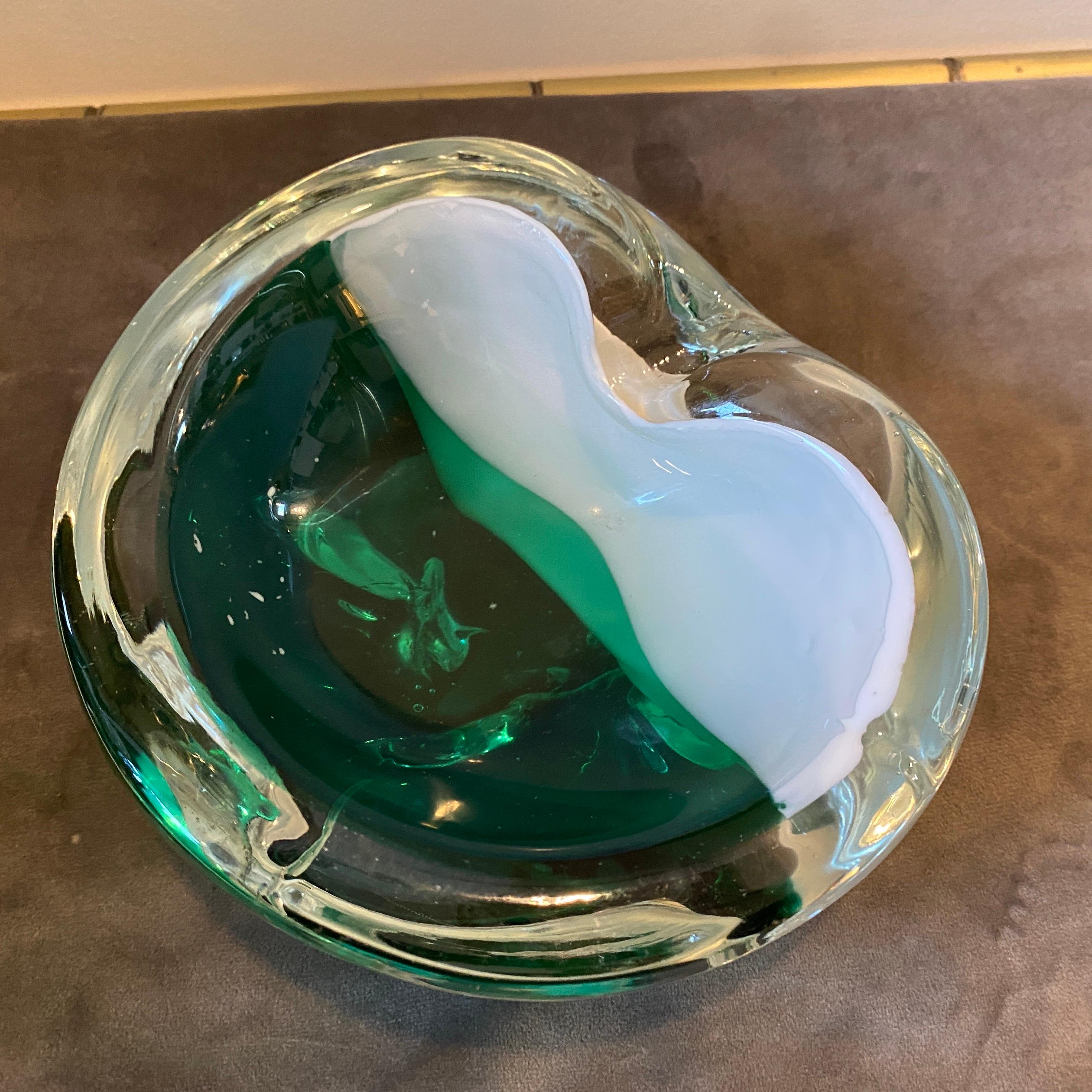 A green and white murano glass ashtray or bowl attributed to Carlo Moretti. Item it's in perfect condition and designed and manufactured in Venice in The Seventies.