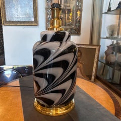 1970s Carlo Moretti Black and White Murano Glass and Brass Italian Table Lamp
