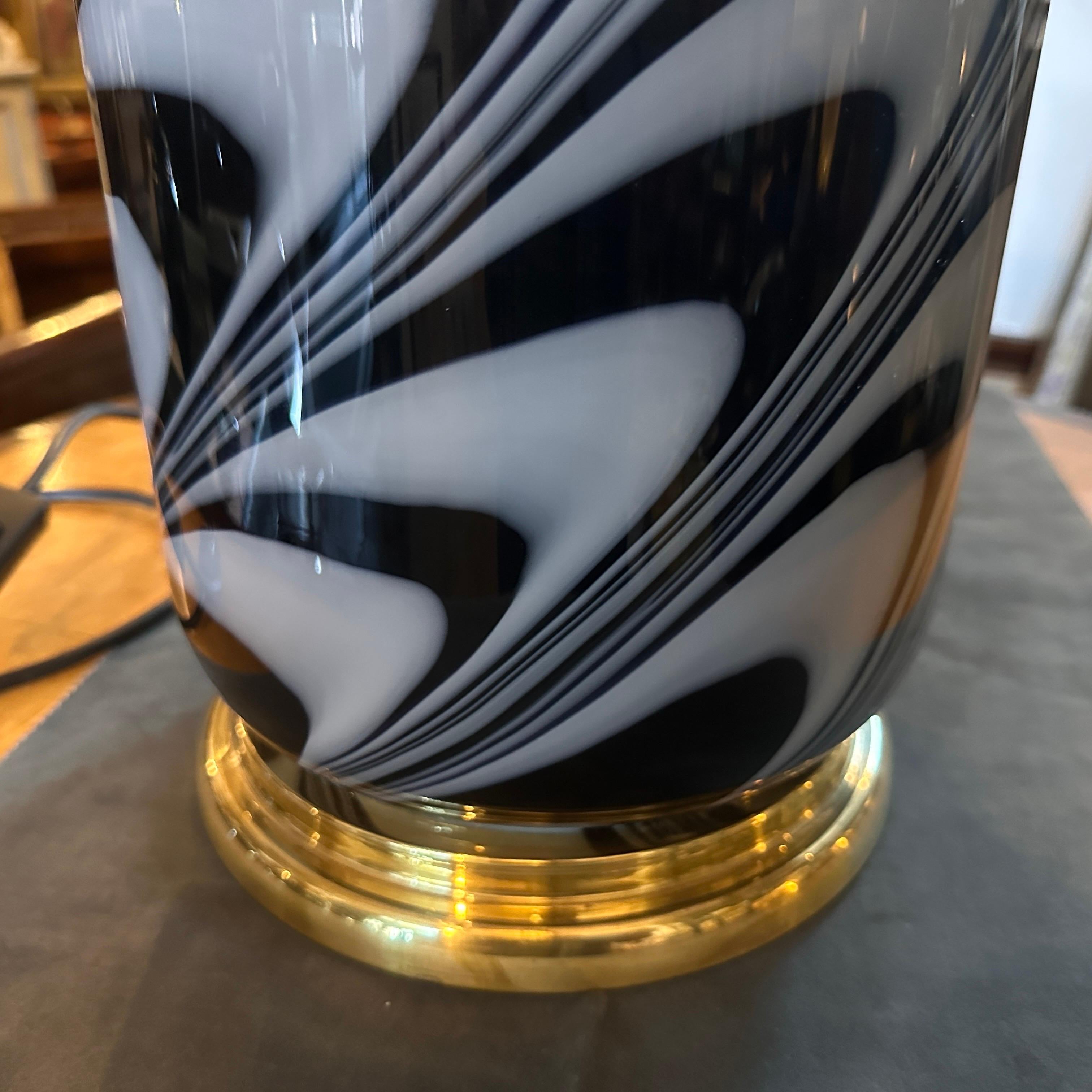 1970s Carlo Moretti Black and White Murano Glass and Brass Italian Table Lamp 3