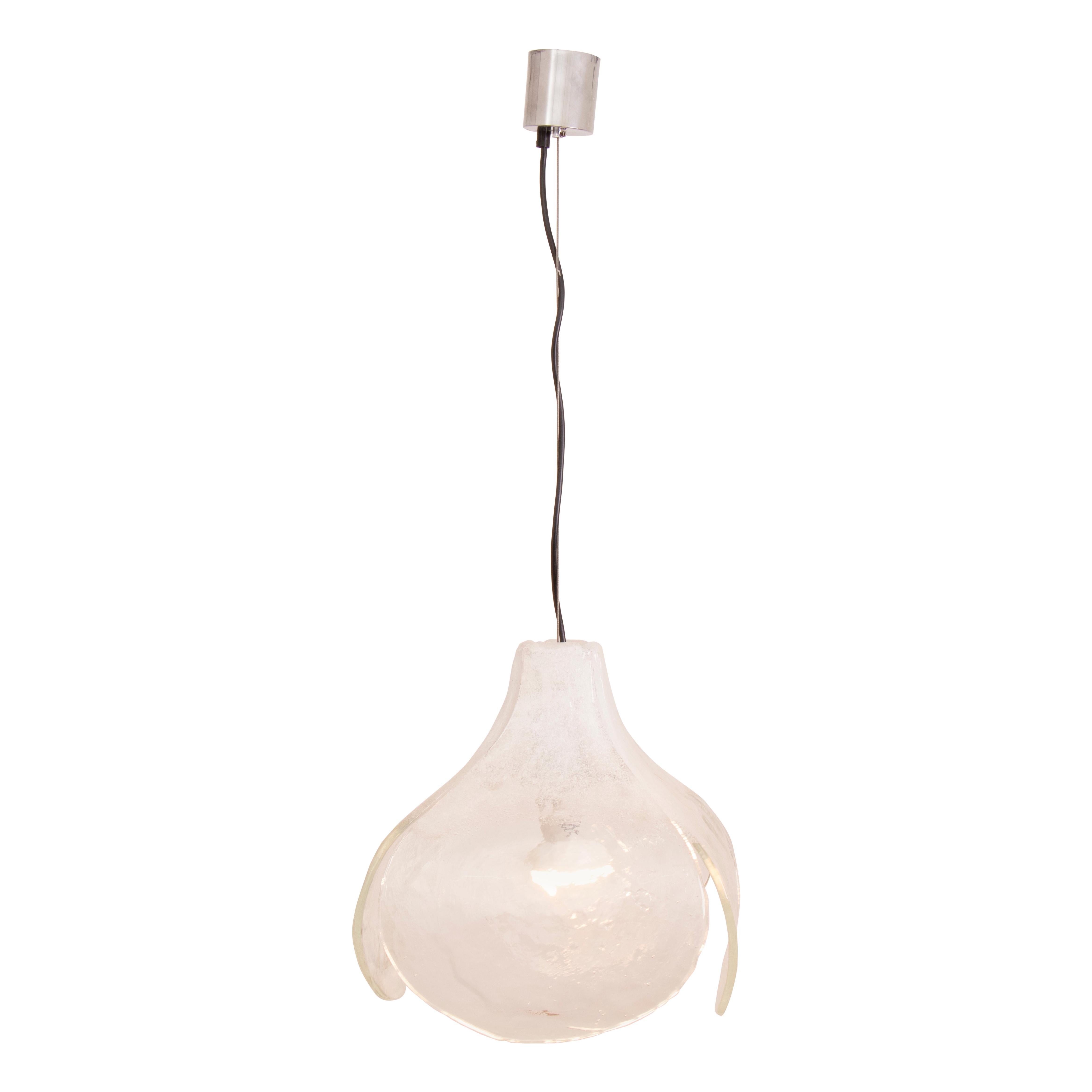 1970s Carlo Nason for Mazzega White Flower Murano Glass Pendant Hanging Light