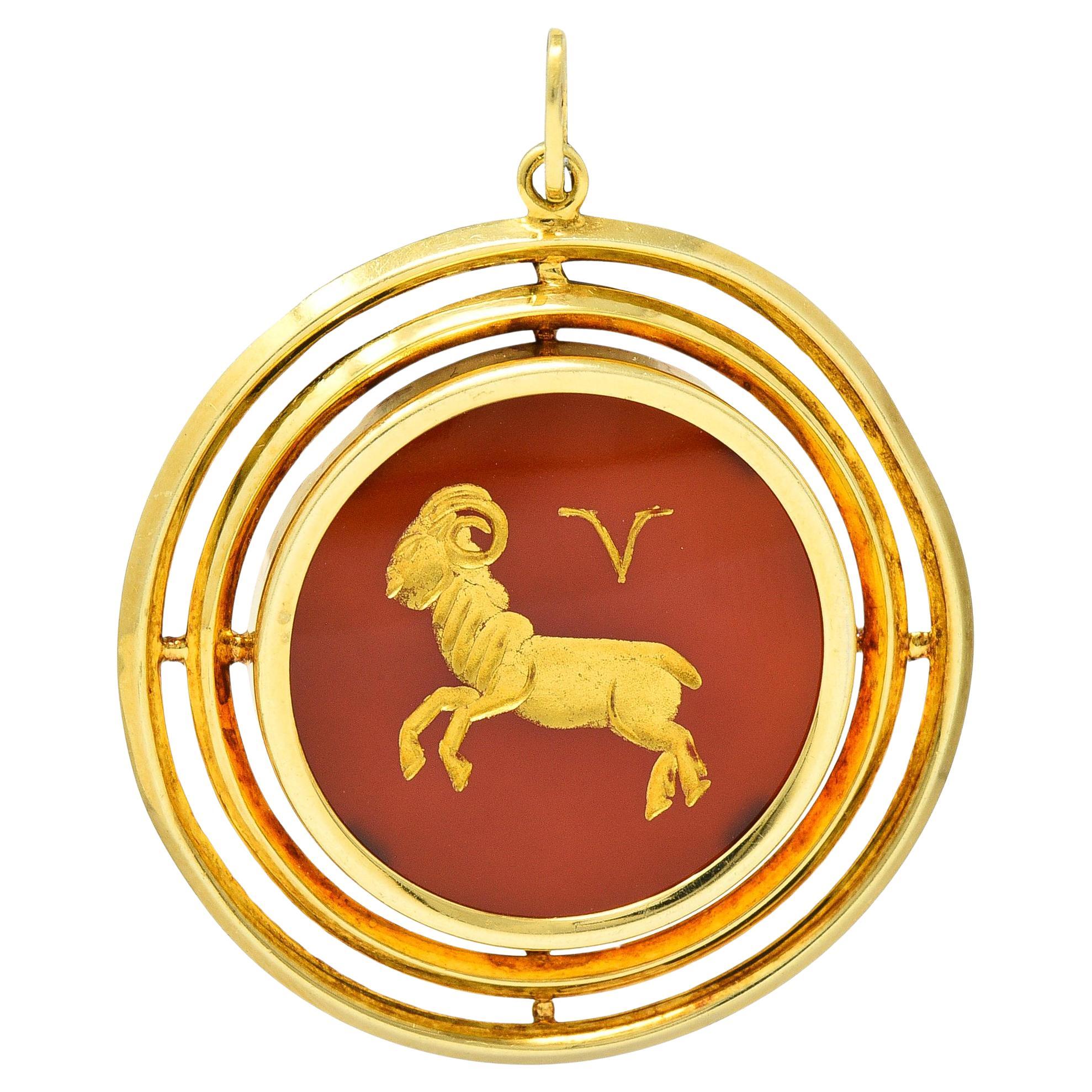 1970's Carnelian 14 Karat Yellow Gold Aries Zodiac Intaglio Vintage Pendant For Sale
