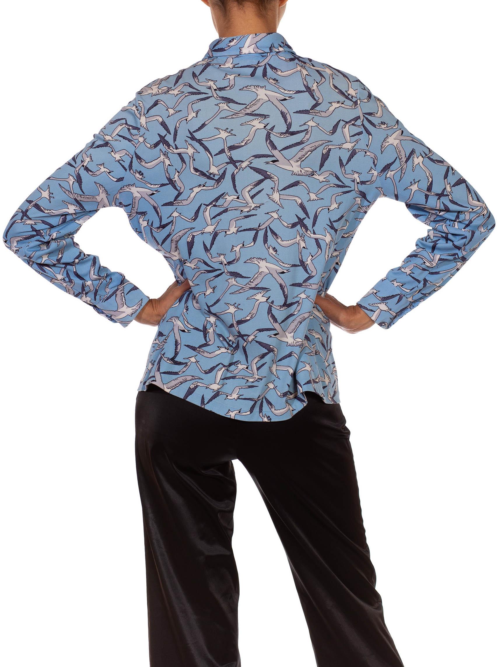 1970S Carolina Blue  & Grey Polyester Stork Printed Shirt For Sale 1