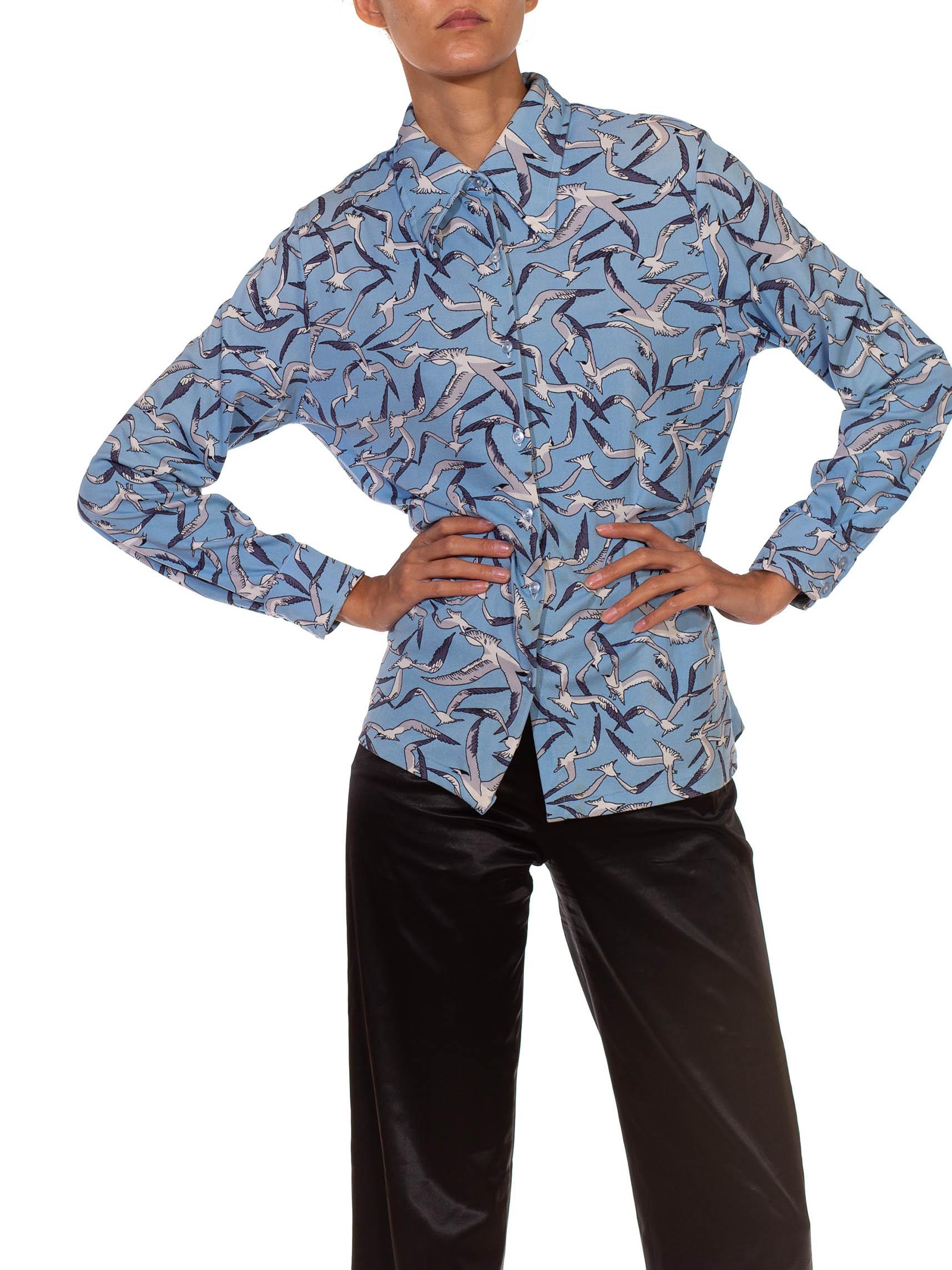 1970S Carolina Blue  & Grey Polyester Stork Printed Shirt For Sale 3