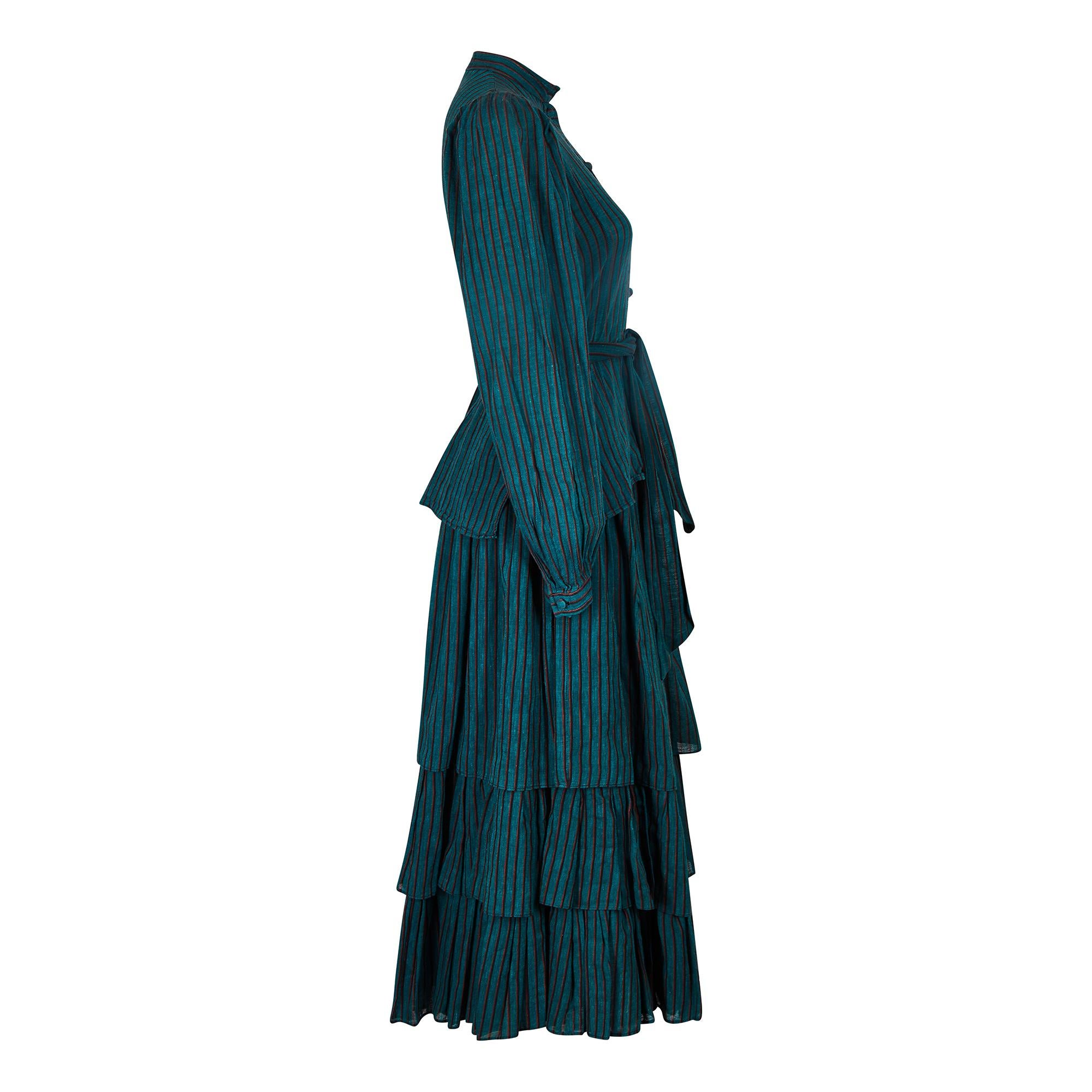 Black 1970s Caroline Charles Cotton Striped Blouse and Skirt Ensemble For Sale