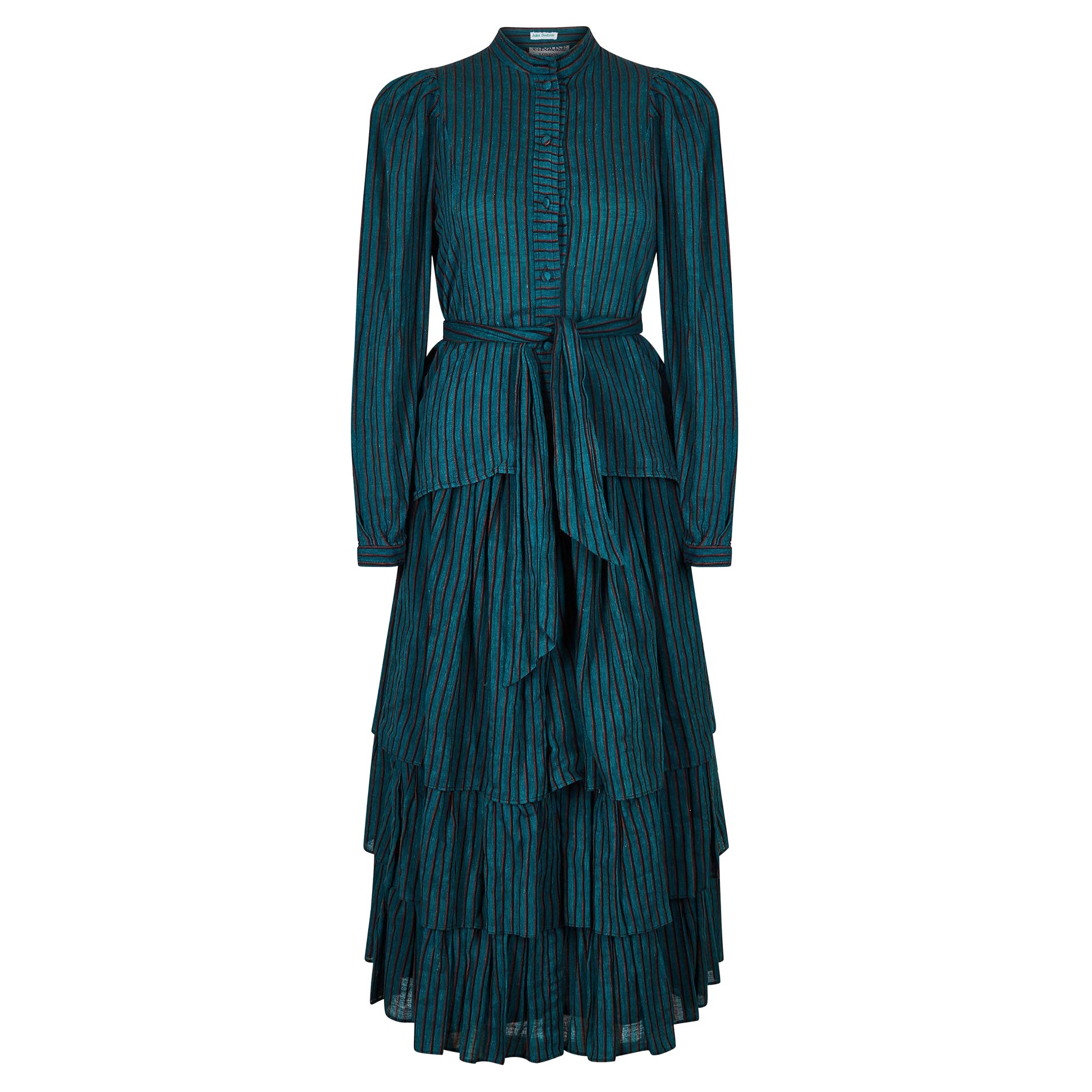 Conjunto de blusa y falda a rayas de algodón Caroline Charles, años 70