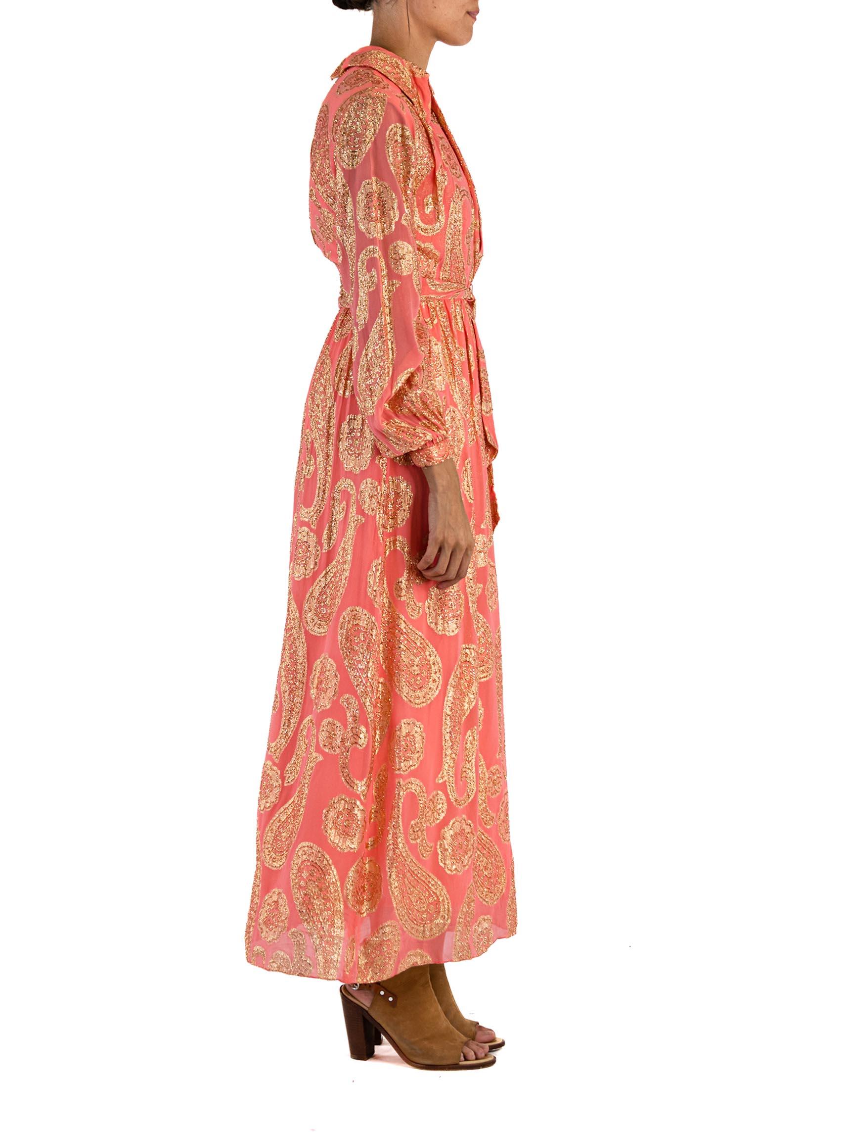 Women's 1970S CARRIE COUTURE Pink Gold Lamé Silk Fil Coupé Dress With Belt For Sale