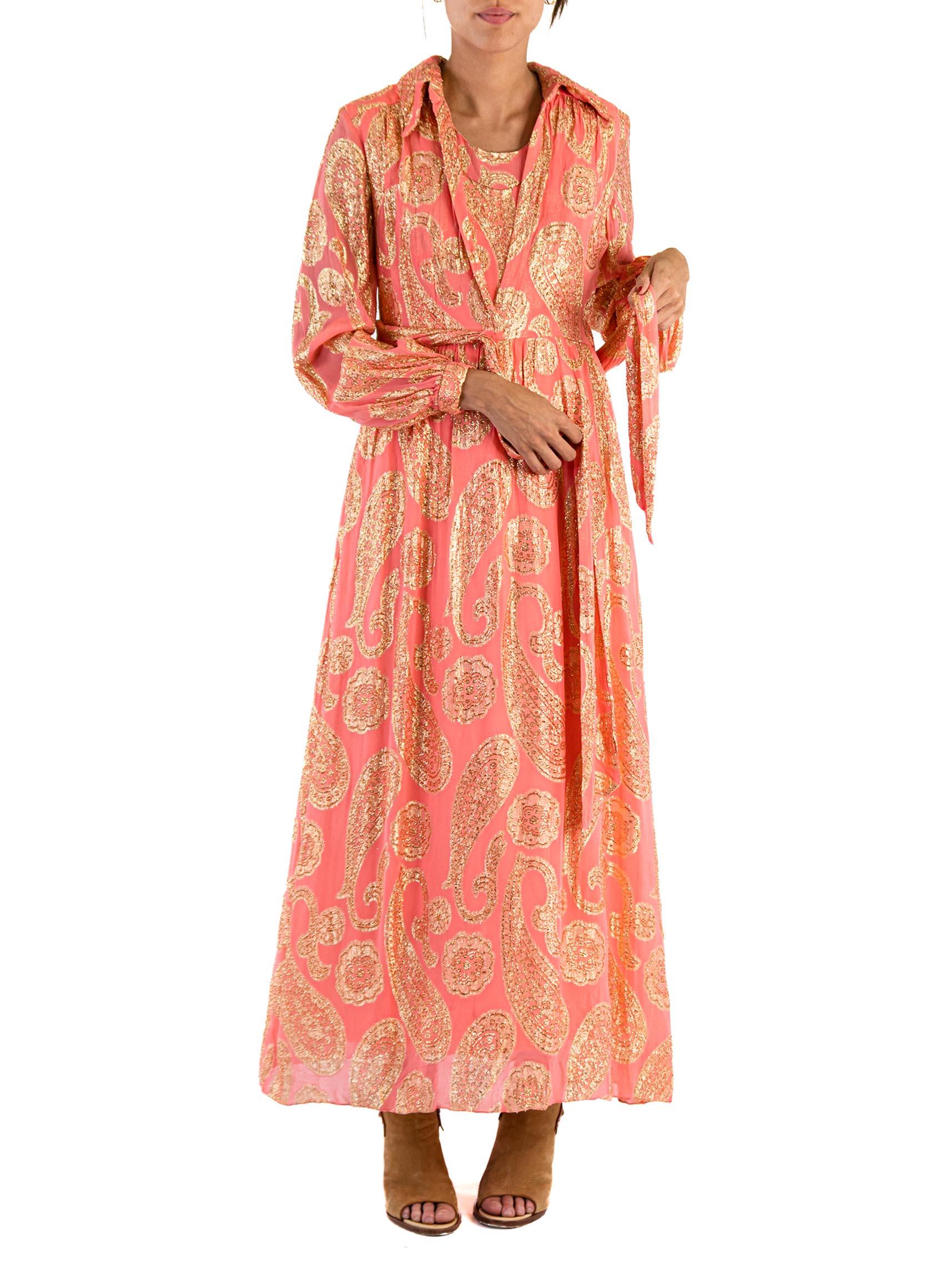 1970S CARRIE COUTURE Pink Gold Lamé Silk Fil Coupé Dress With Belt For Sale 1