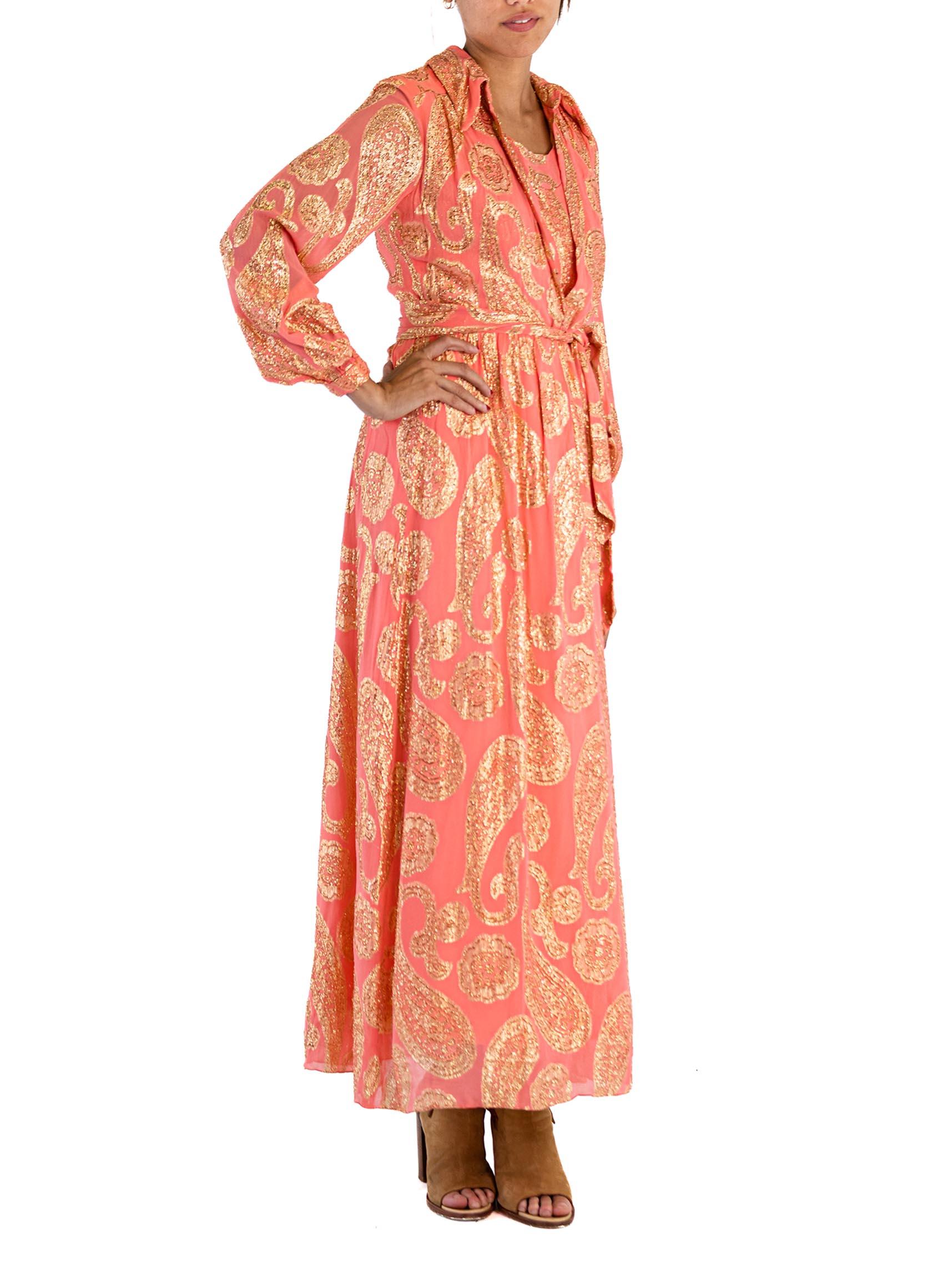 1970S CARRIE COUTURE Pink Gold Lamé Silk Fil Coupé Dress With Belt For Sale 2