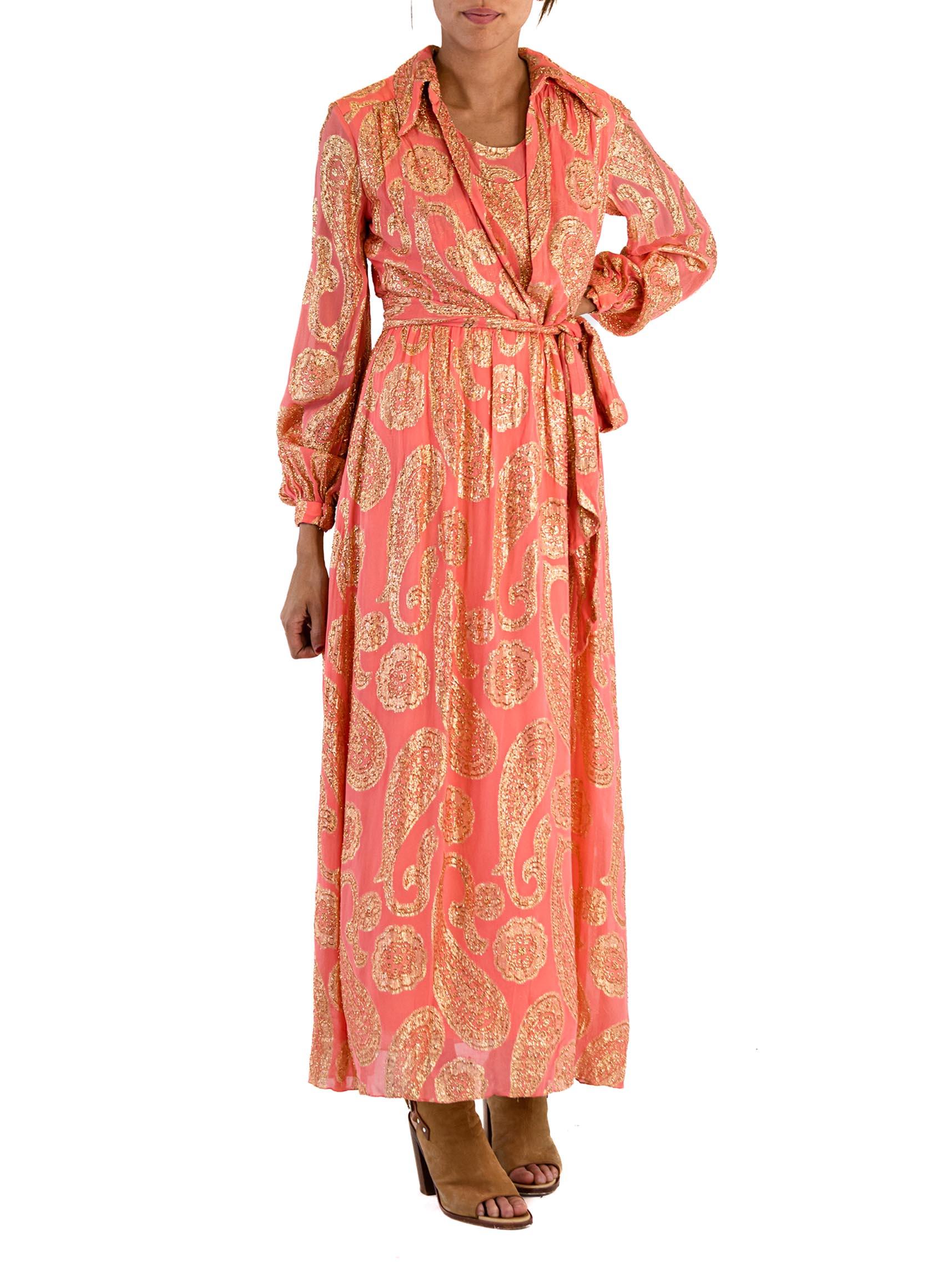 1970S CARRIE COUTURE Pink Gold Lamé Silk Fil Coupé Dress With Belt For Sale 5
