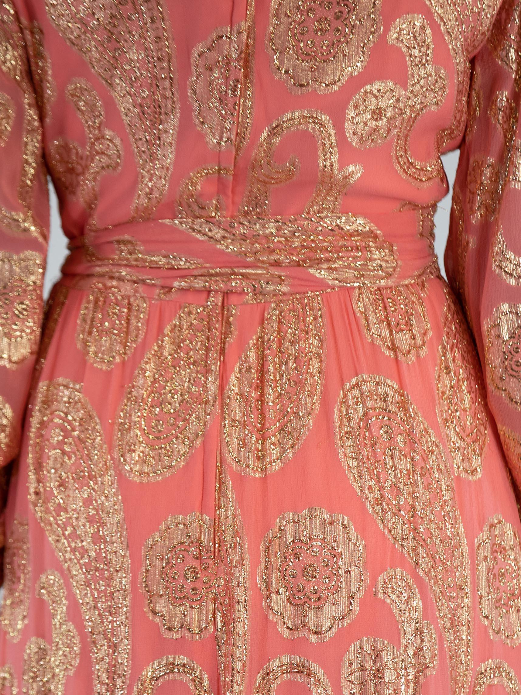 1970S CARRIE COUTURE Pink Gold Lamé Silk Fil Coupé Dress With Belt For Sale 6