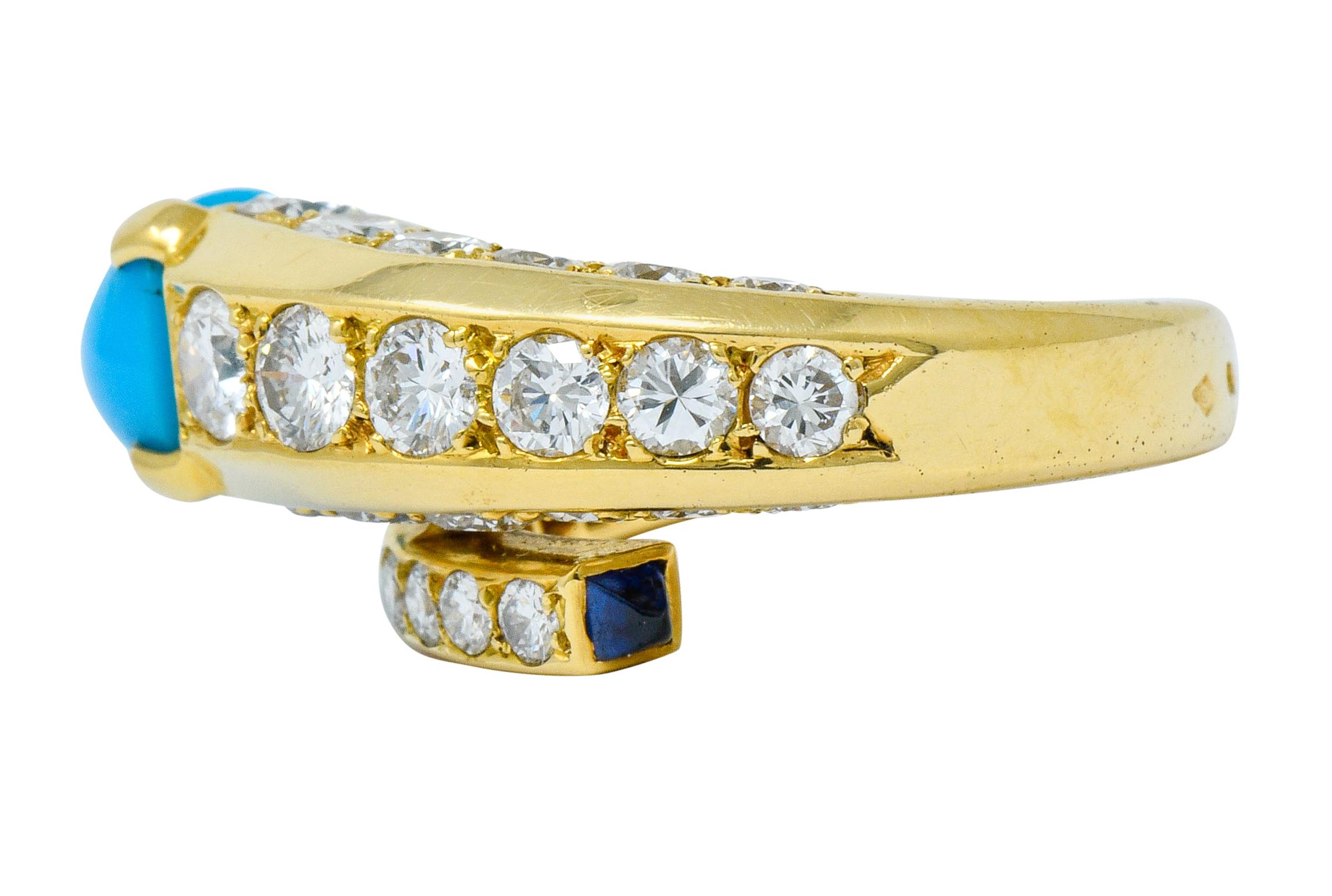 1970s Cartier Paris Diamond Turquoise 18 Karat Gold Bypass Ring, circa 1970s In Excellent Condition In Philadelphia, PA