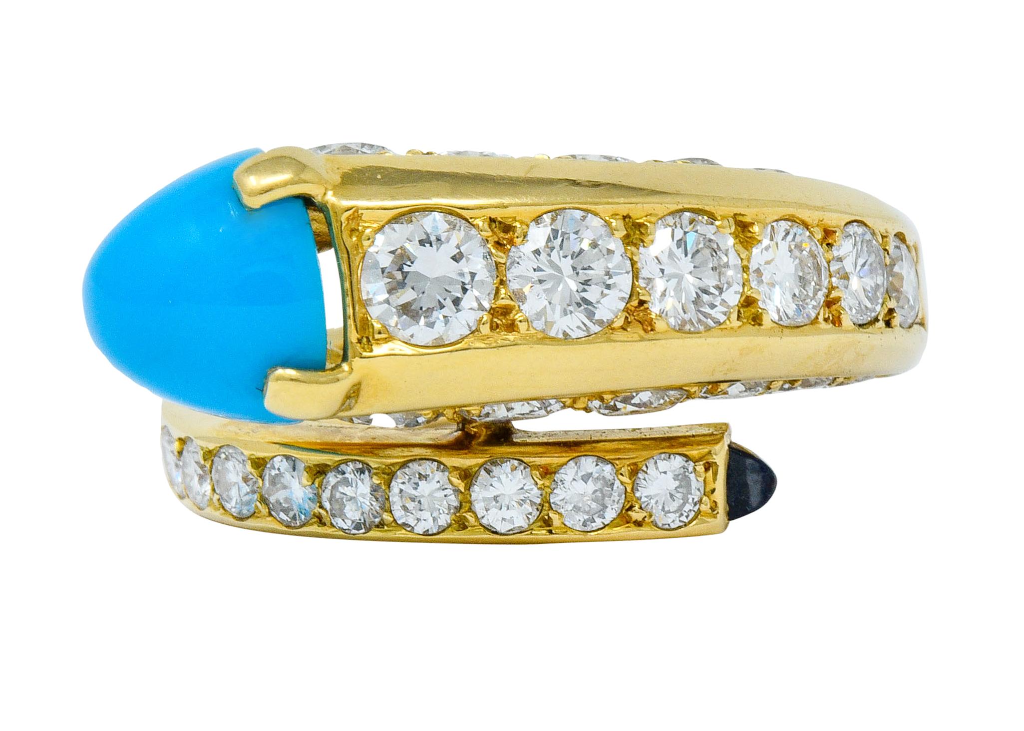 Women's or Men's 1970s Cartier Paris Diamond Turquoise 18 Karat Gold Bypass Ring, circa 1970s