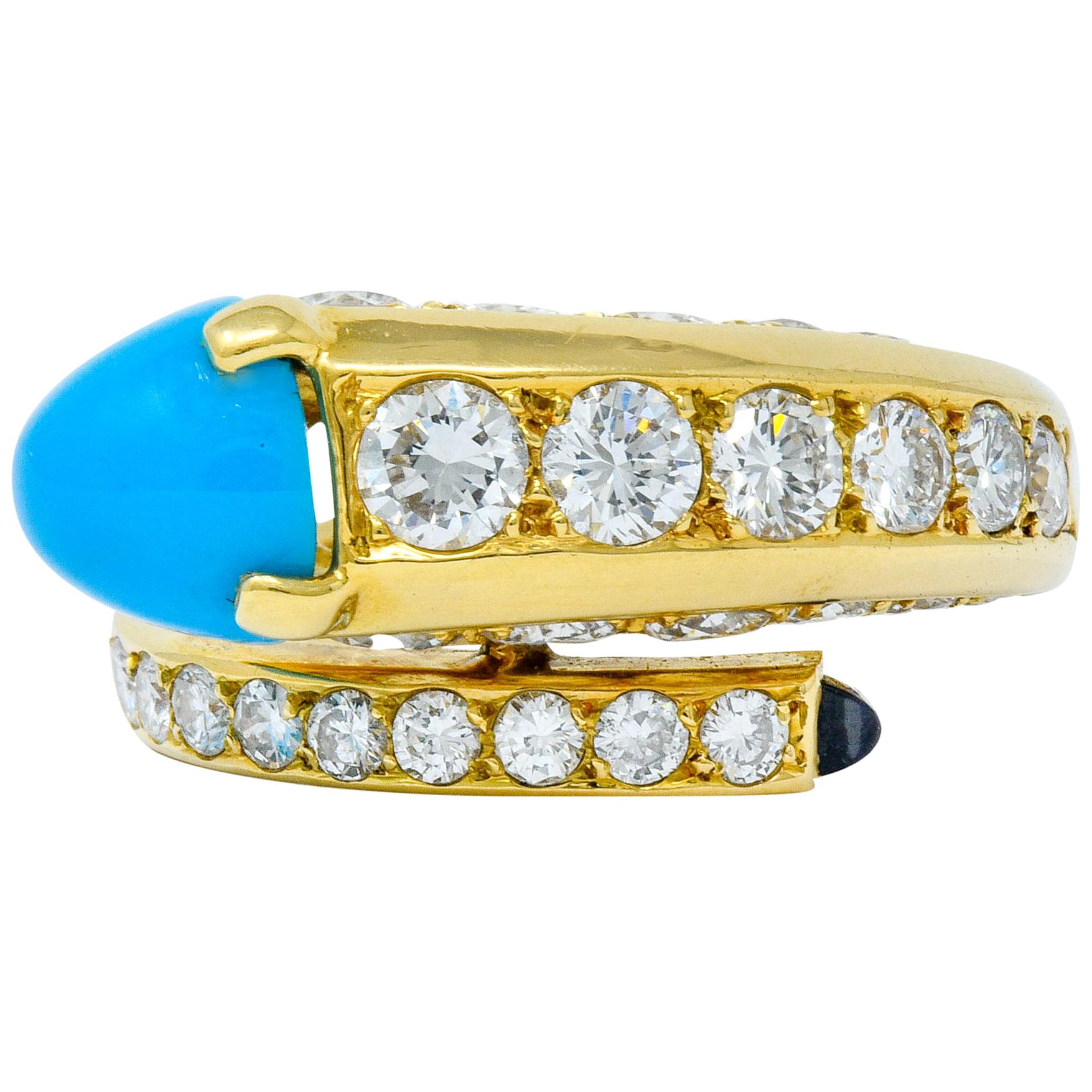 1970s Cartier Paris Diamond Turquoise 18 Karat Gold Bypass Ring, circa 1970s