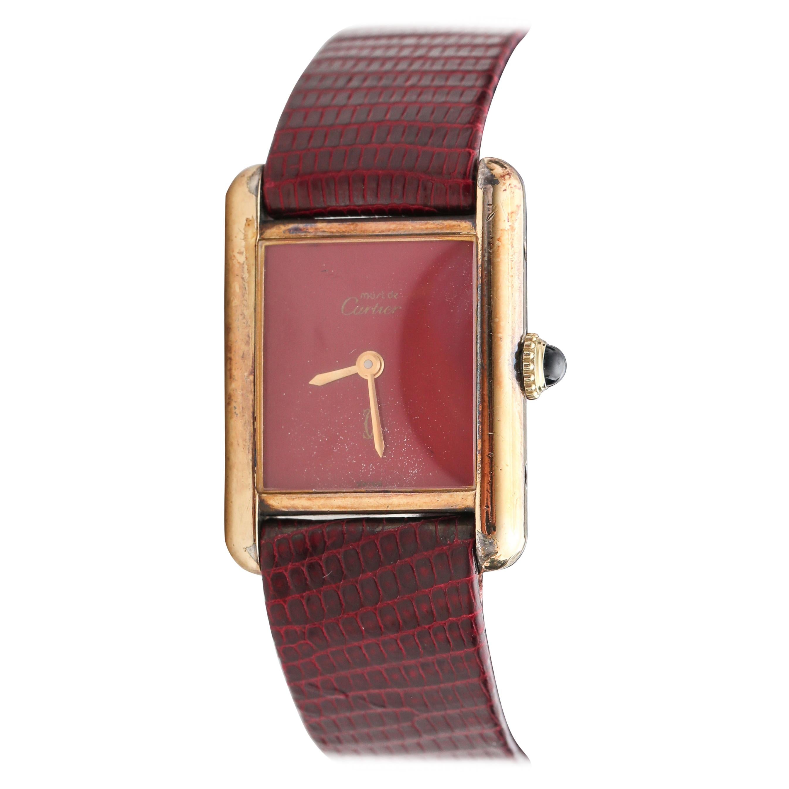 1970s Cartier Tank Vermeil Wristwatch with Maroon Dial
