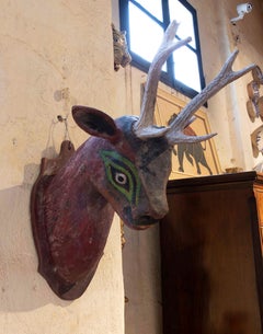 1970s Carved and Polychromed Wooden Stag Head Trophy