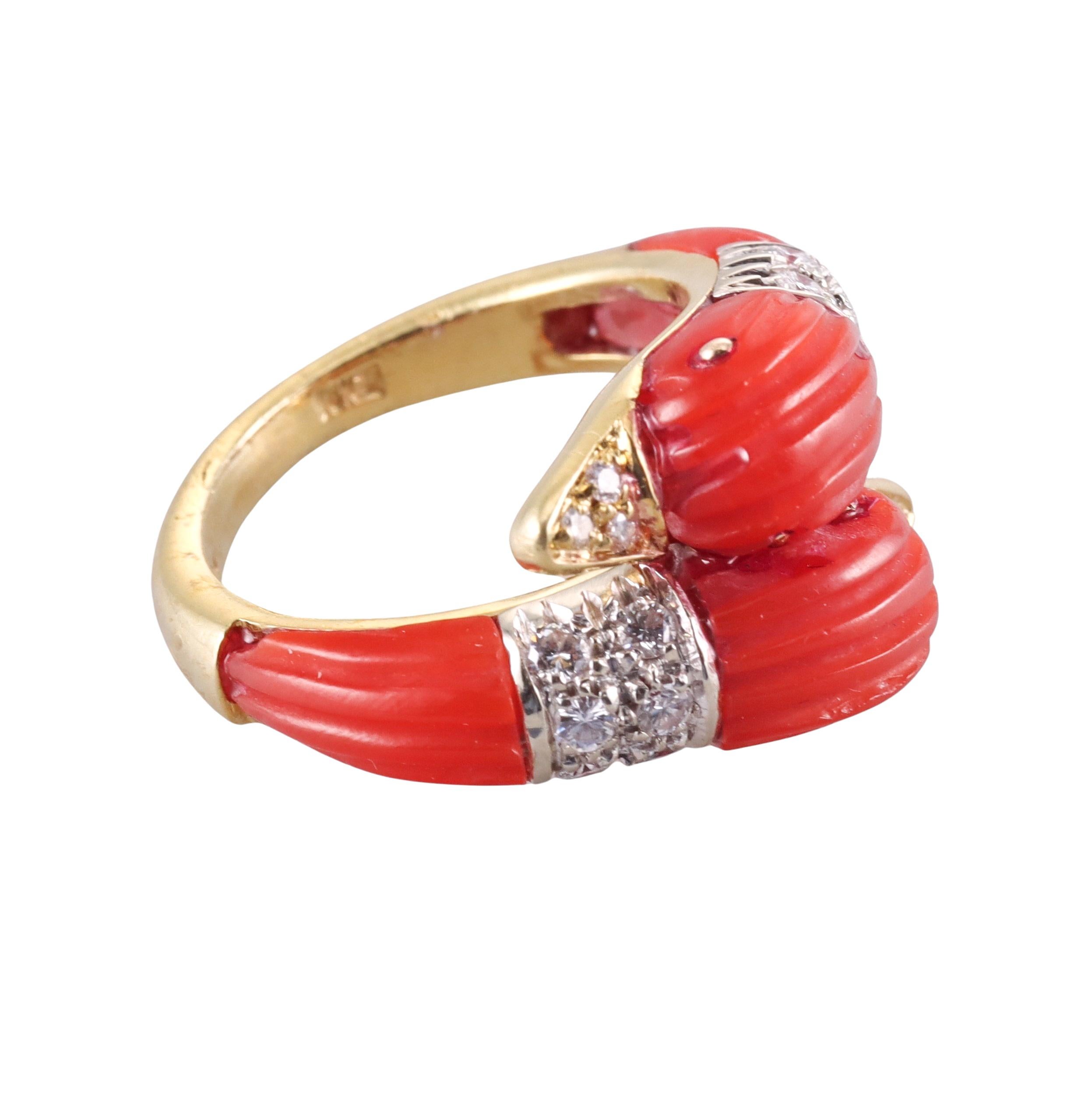 Round Cut 1970s Carved Coral Diamond Gold Bypass Swan Ring For Sale