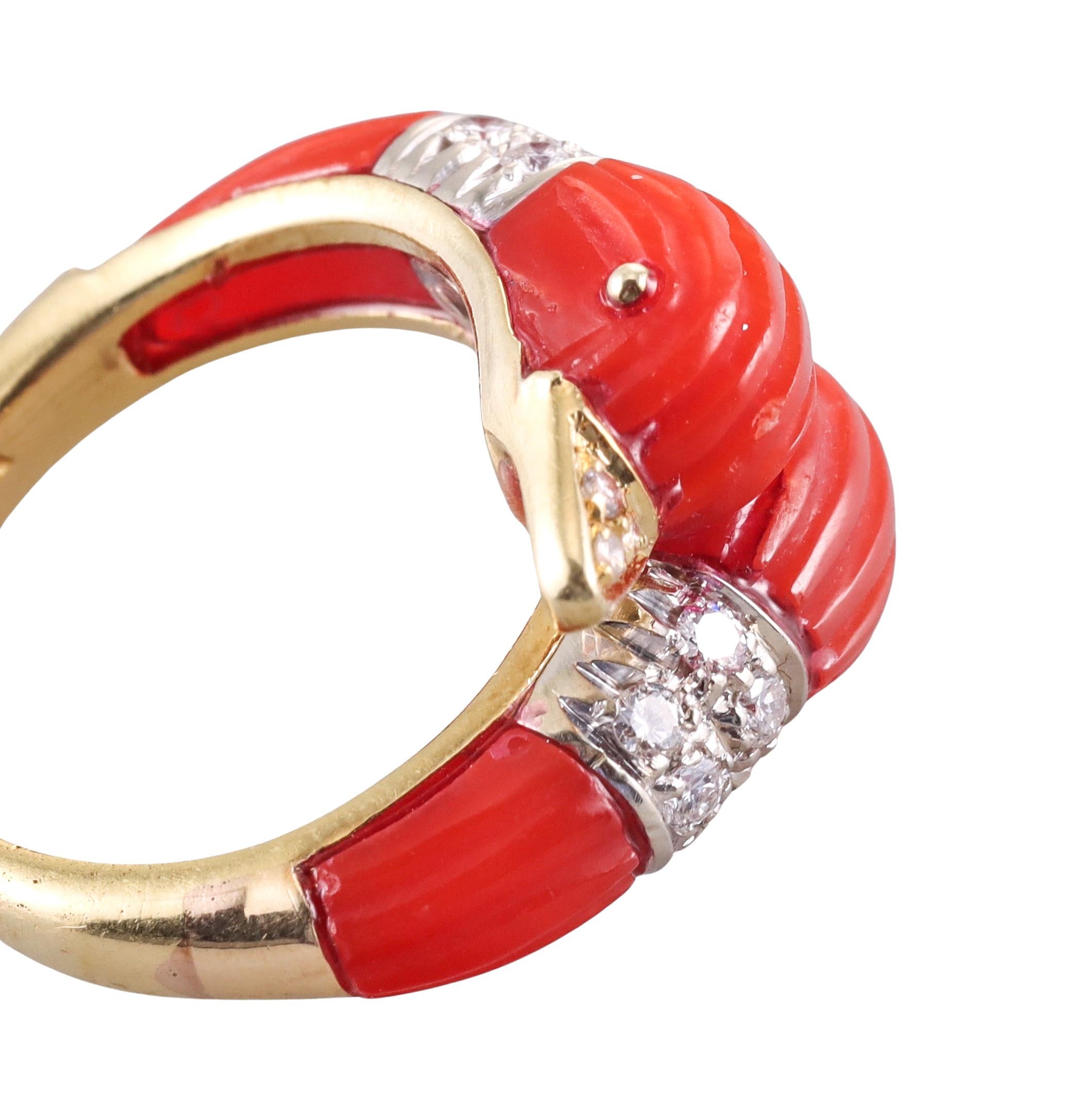 Women's 1970s Carved Coral Diamond Gold Bypass Swan Ring For Sale