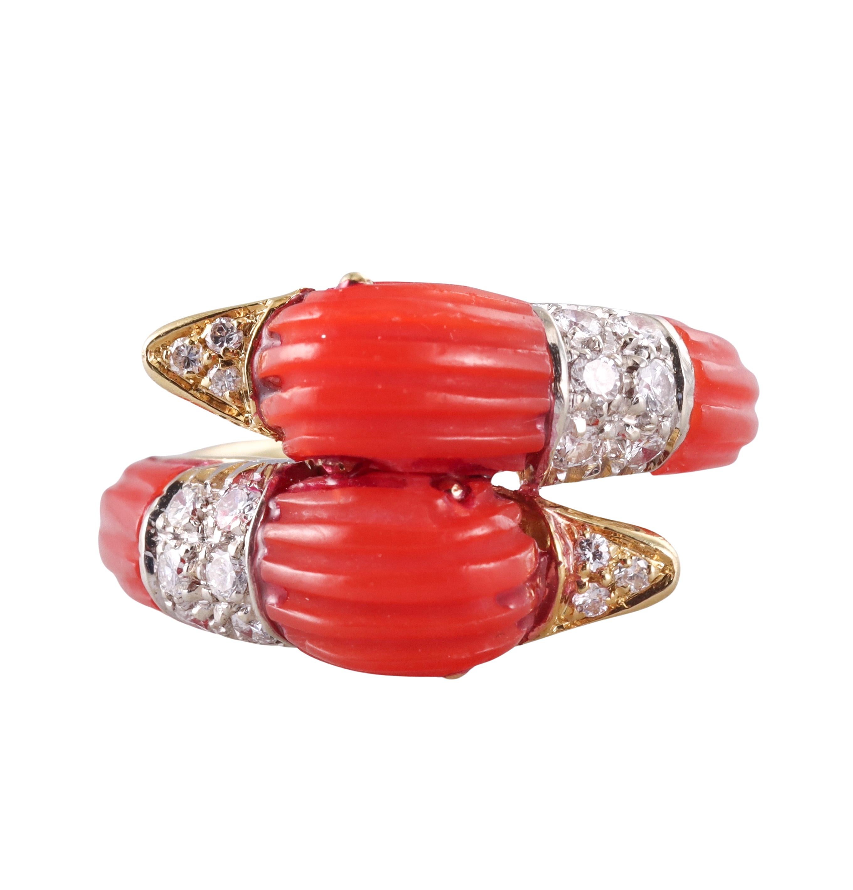 1970s Carved Coral Diamond Gold Bypass Swan Ring For Sale 2
