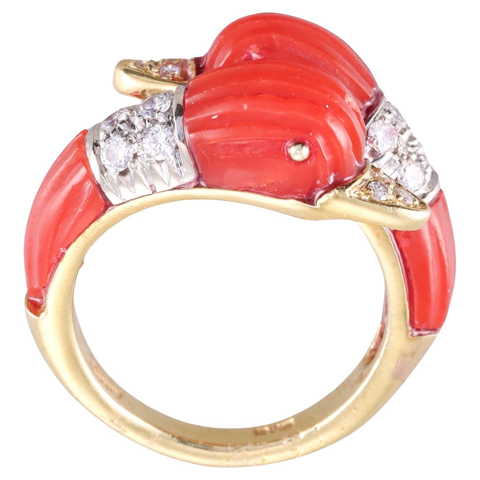 1970s Carved Coral Diamond Gold Bypass Swan Ring For Sale
