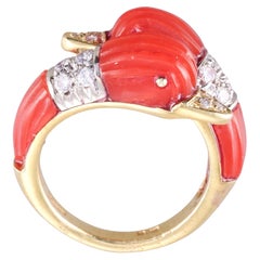 Vintage 1970s Carved Coral Diamond Gold Bypass Swan Ring