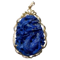 1970s Carved Dragon Lapis Lazuli Pendant in 14 Karat Gold