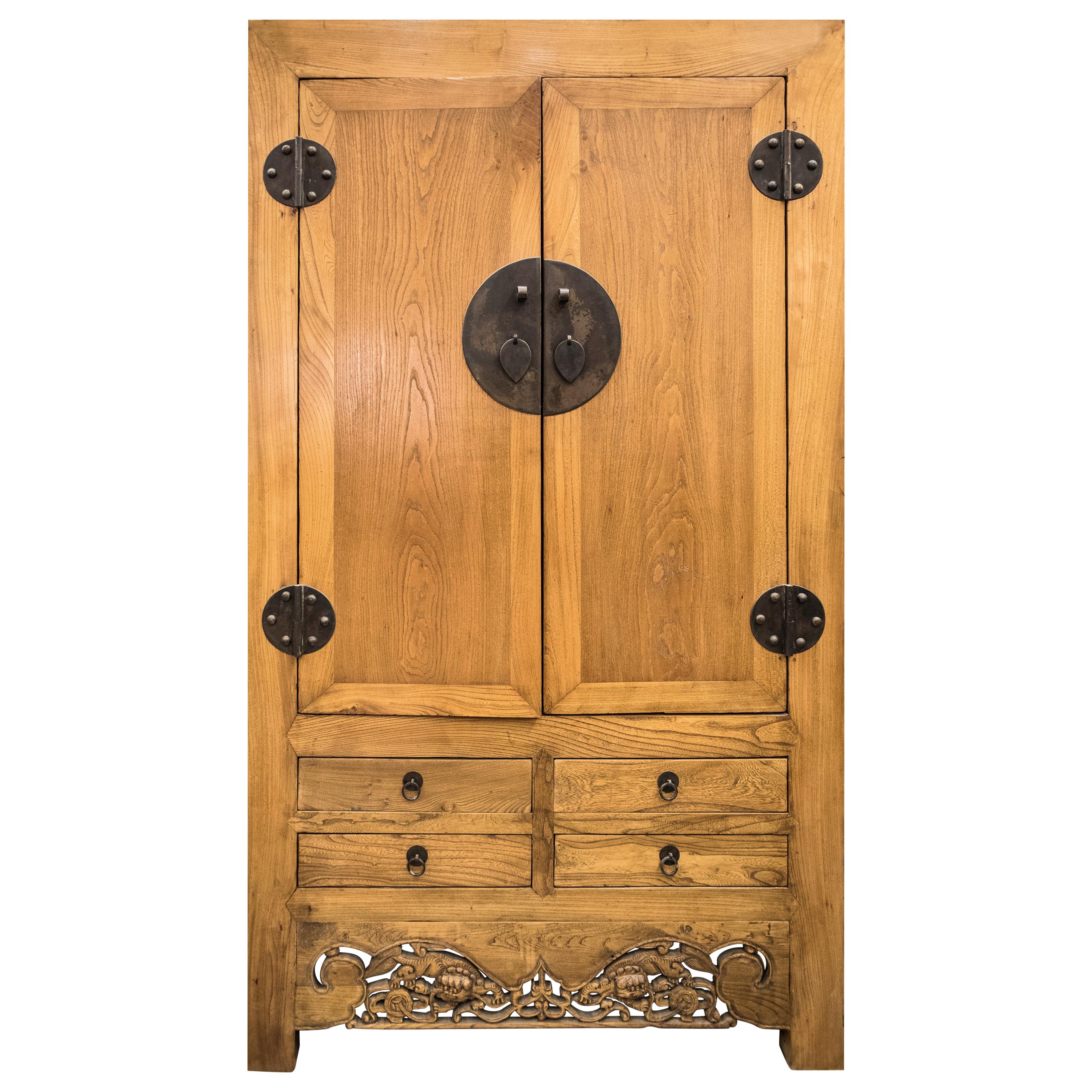 1970's Carved Elm Wood Chinese Wardrobe